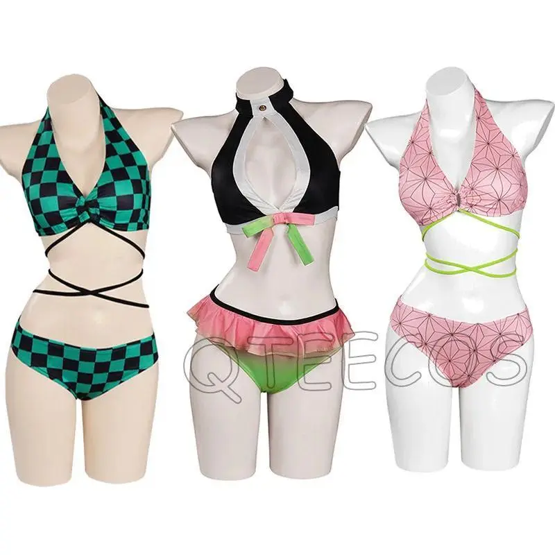 Anime Demon Slayer Kamado Nezuko Cosplay Swimsuit Bikini Cover Up Beach Bathing Two-Piece Swimwear Halloween Carnival Suit gifts