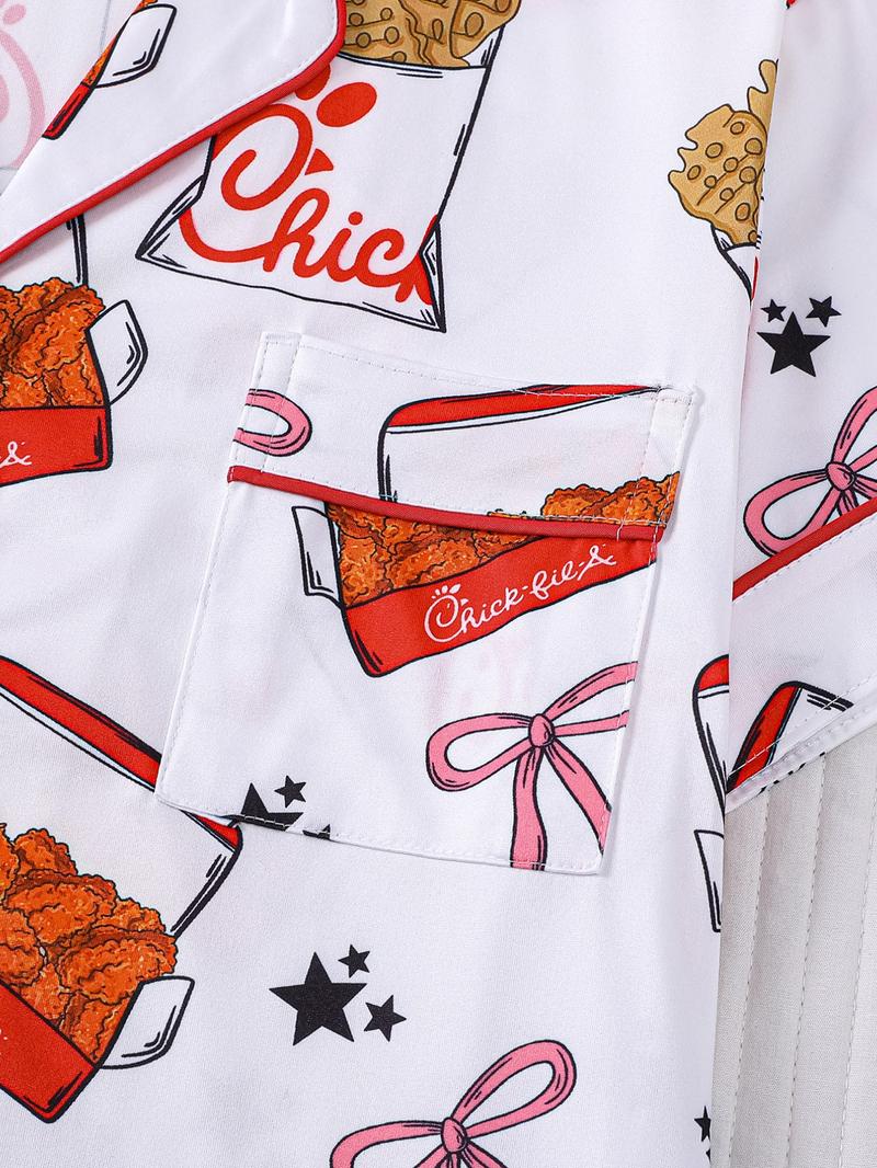 2-Piece Spring/Summer Set: Full-body Fries, Fried Chicken, Bow, Star, Beverage Print Short Sleeve Shorts - Soft & Comfortable Top with Small Pockets, Turned-Down Collar, Elastic Waistband - Suitable for Year-Round Home, Casual, Everyday Wear, Sleepwear