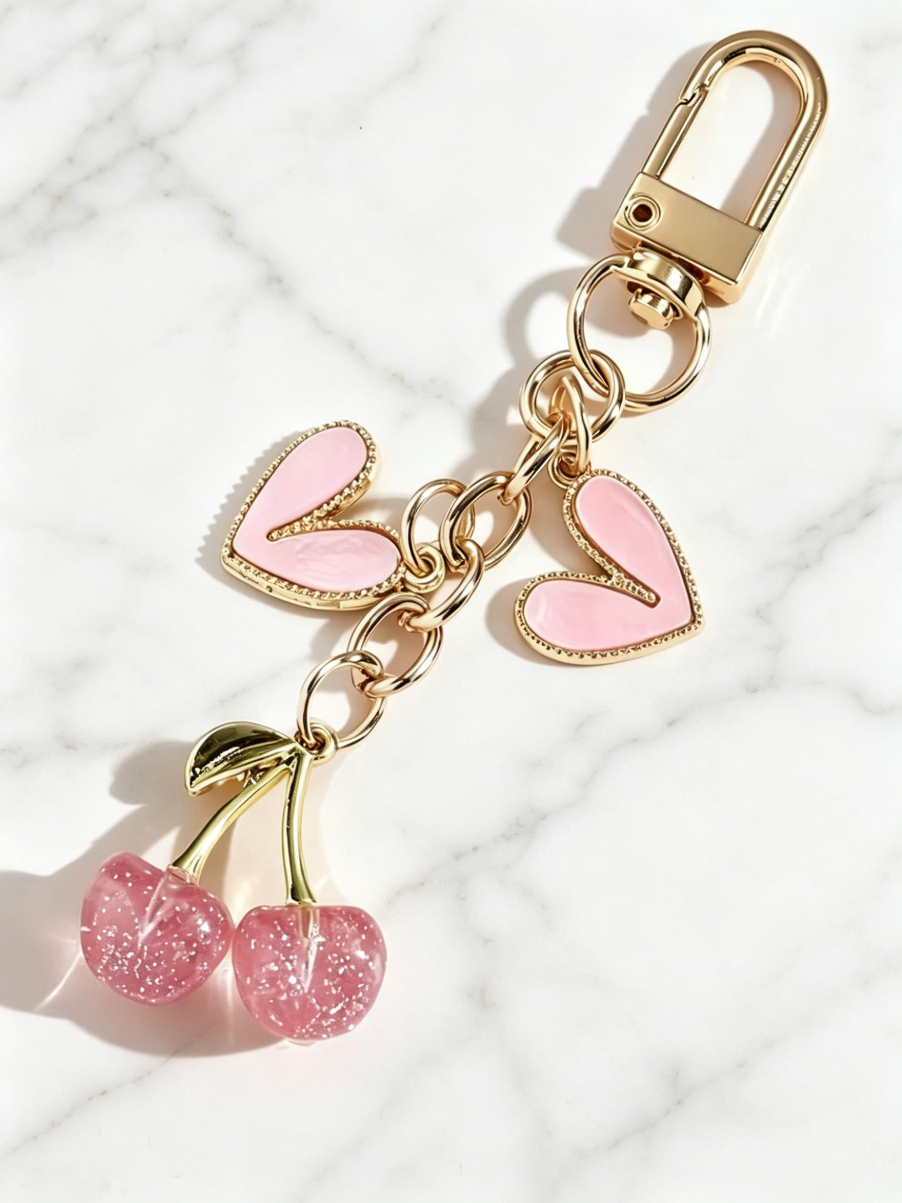 Elegant Cherry Heart Keychain for Women, Cute Glossy Cherry Key Ring, Fashion Bag Charm, Casual Style, No Choking Risk