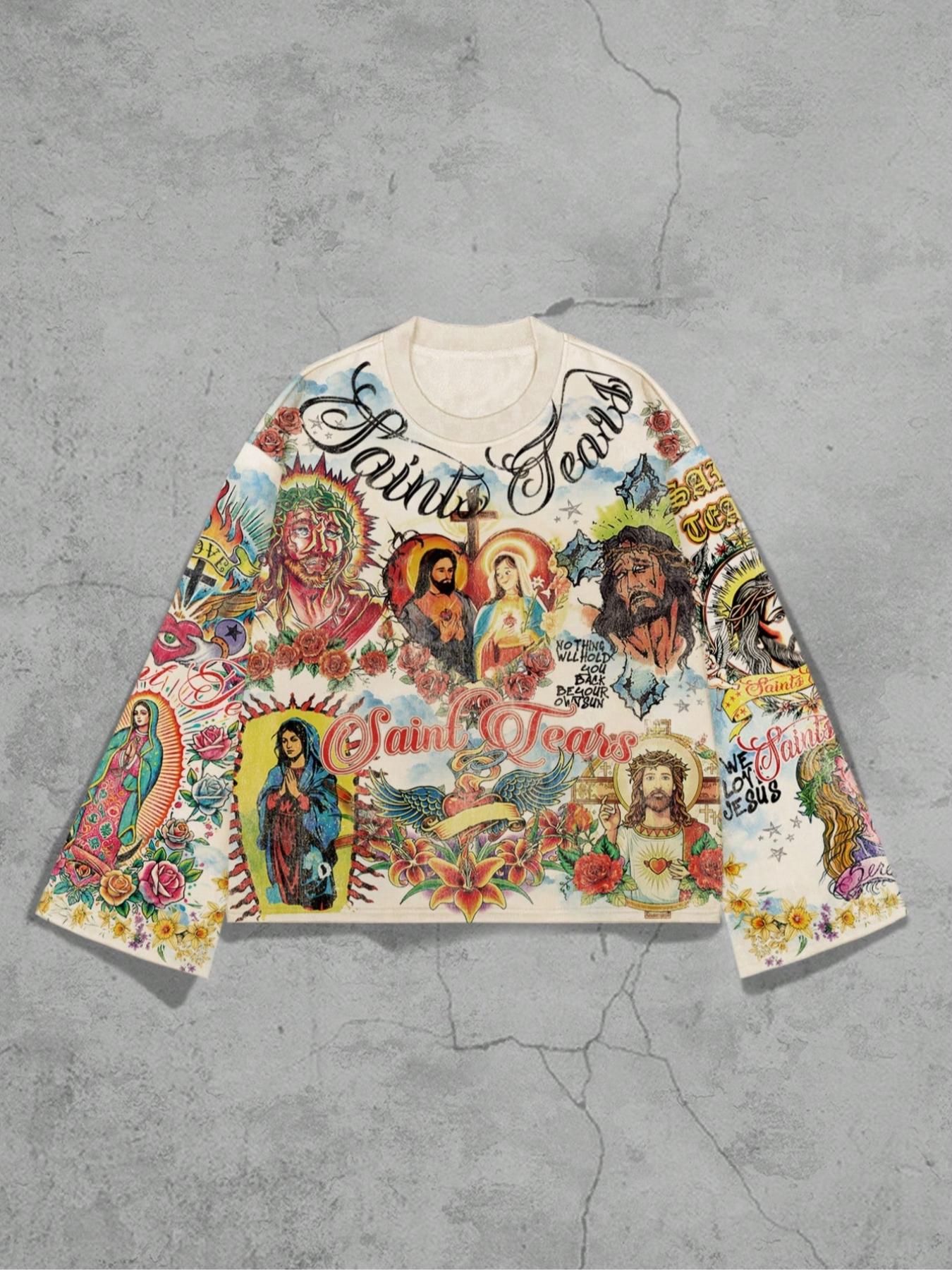 Men's Vintage Street Style Saint Print Long Sleeve Round Neck T-Shirt, Casual Fit Streetwear, Loose-Fitting Short Top for Fall, 2000s Fashion