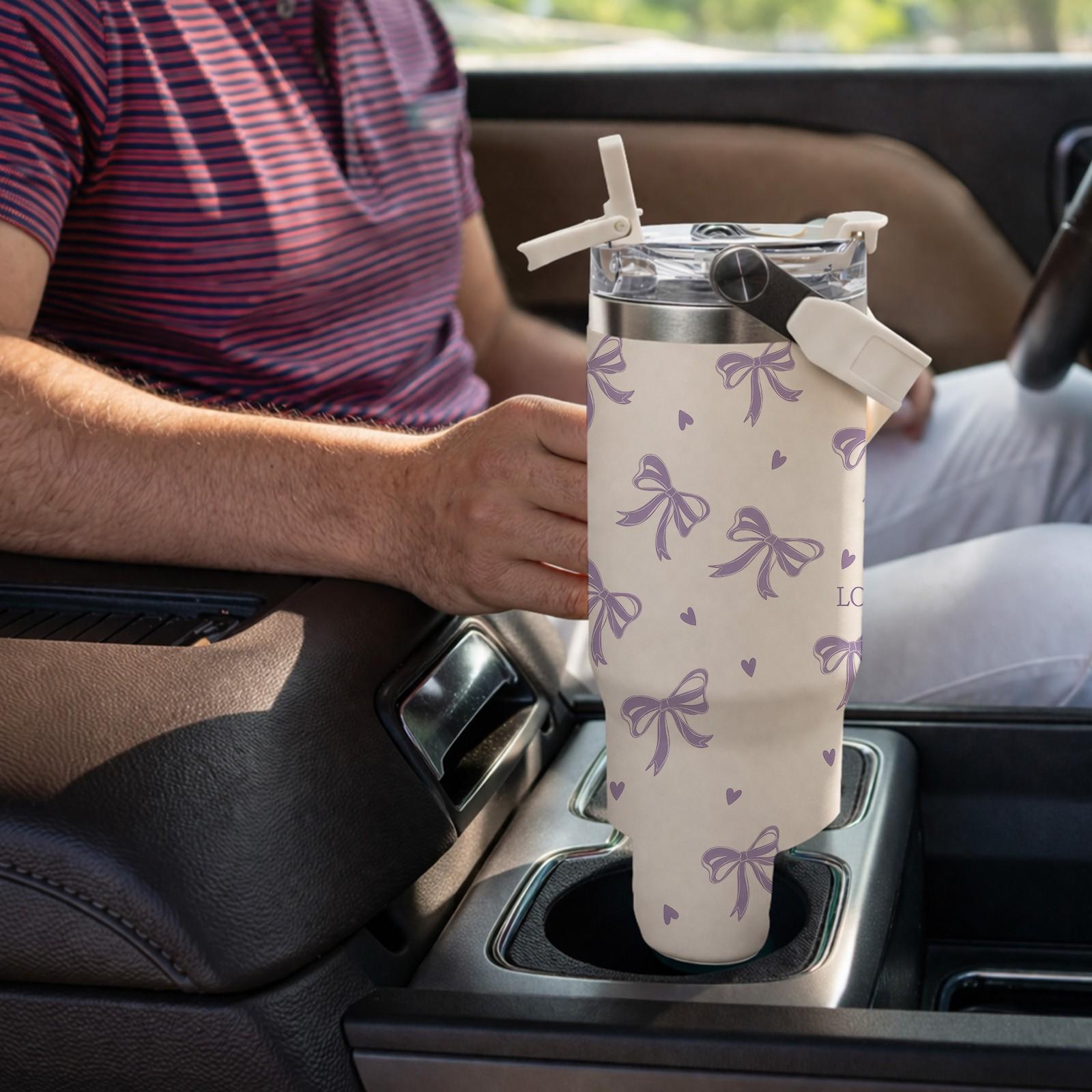 1pc 30oz Stainless Steel Tumbler with Handle, Purple Bow Print Thermal Mug with Lid And Straw, Keeps Hot 12H Cold 24H, Cute Insulated Cup for Travel, Office, Car, Unique Gift for Women