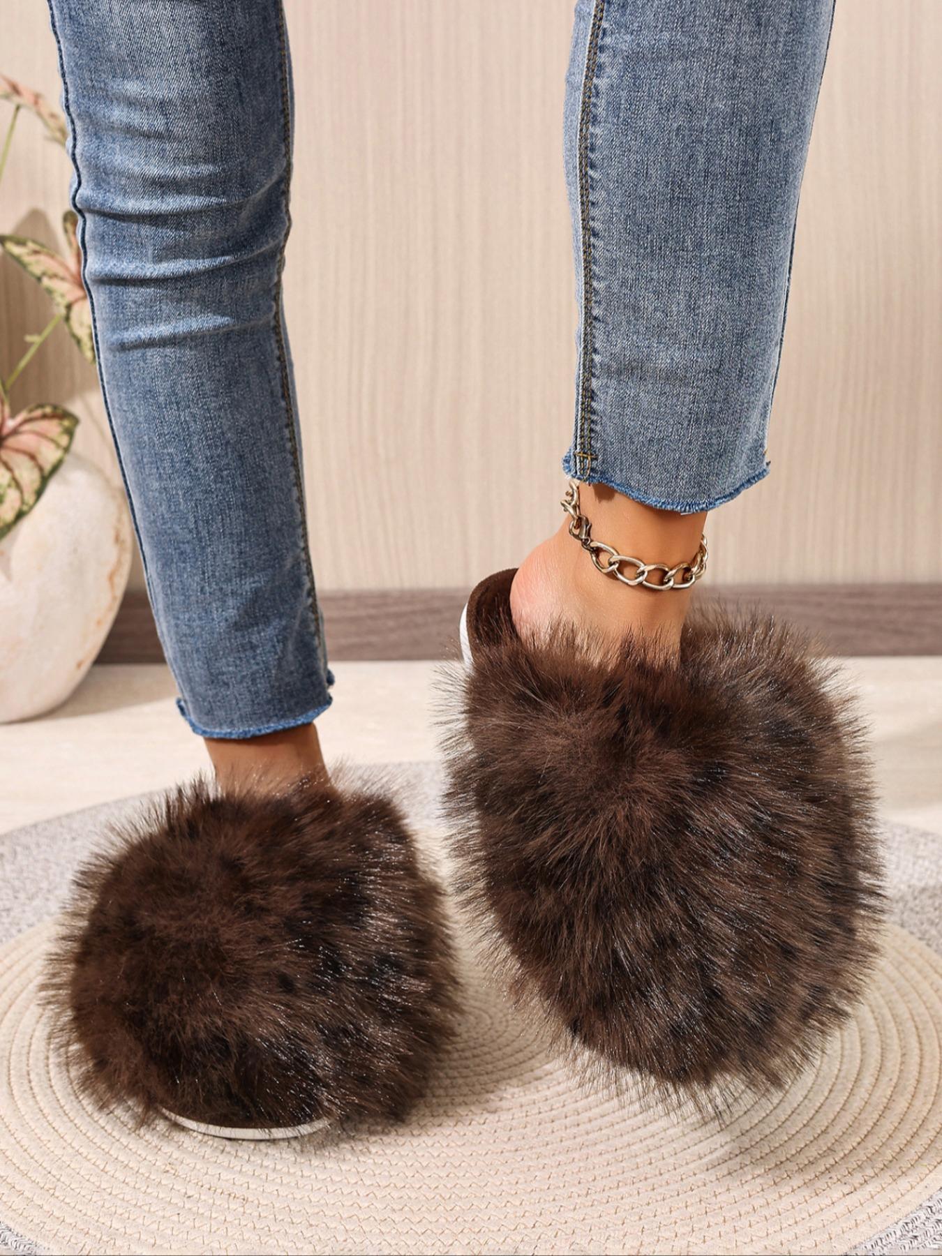 New Trendy Plush Fur Slippers, Super Cute Fashion Warm Home Shoes, Fuzzy Warm Slippers, Anti-Slip Thick Sole Cat-Feeling Cotton Slippers, Girls' Gift