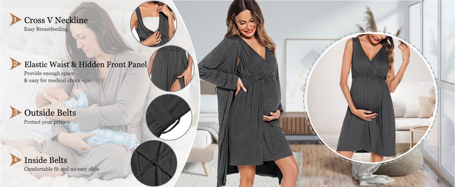 SWOMOG Women Maternity Nursing Gown and Robe Set 3 in 1 Labor Delivery Nursing Nightgown for Breastfeeding Hospital Bathrobe  labor gown for hospital
