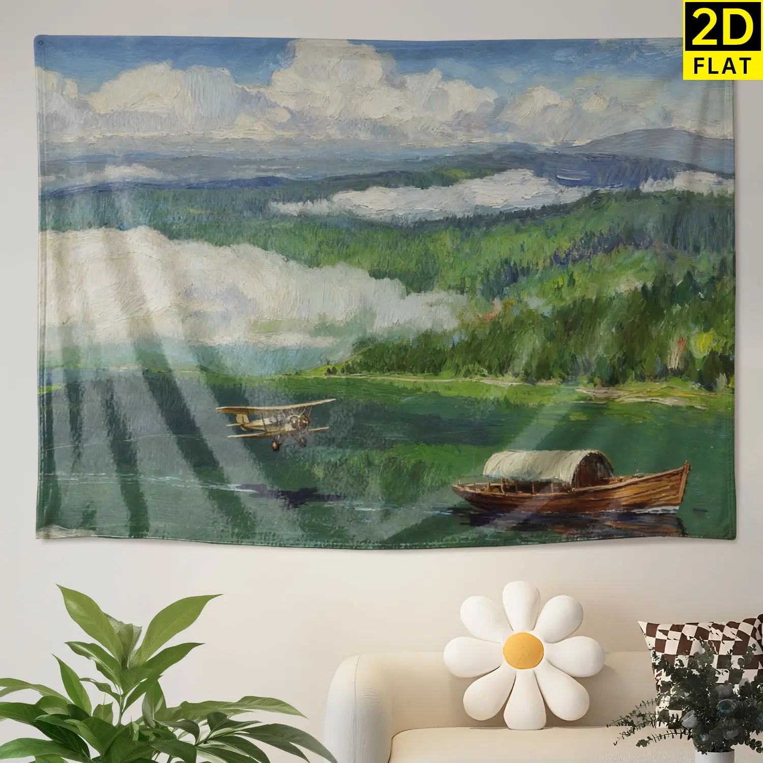 Vintage Airplane Landscape Mountain Lake Oil Painting Wall tapestry,Large size Printed Horizontal Tapestry blanket,Polyester Fabric Wall Hanging for living room,bedroom,No Installation Required,Indoor,Outdoor,Gift for Family and Friends