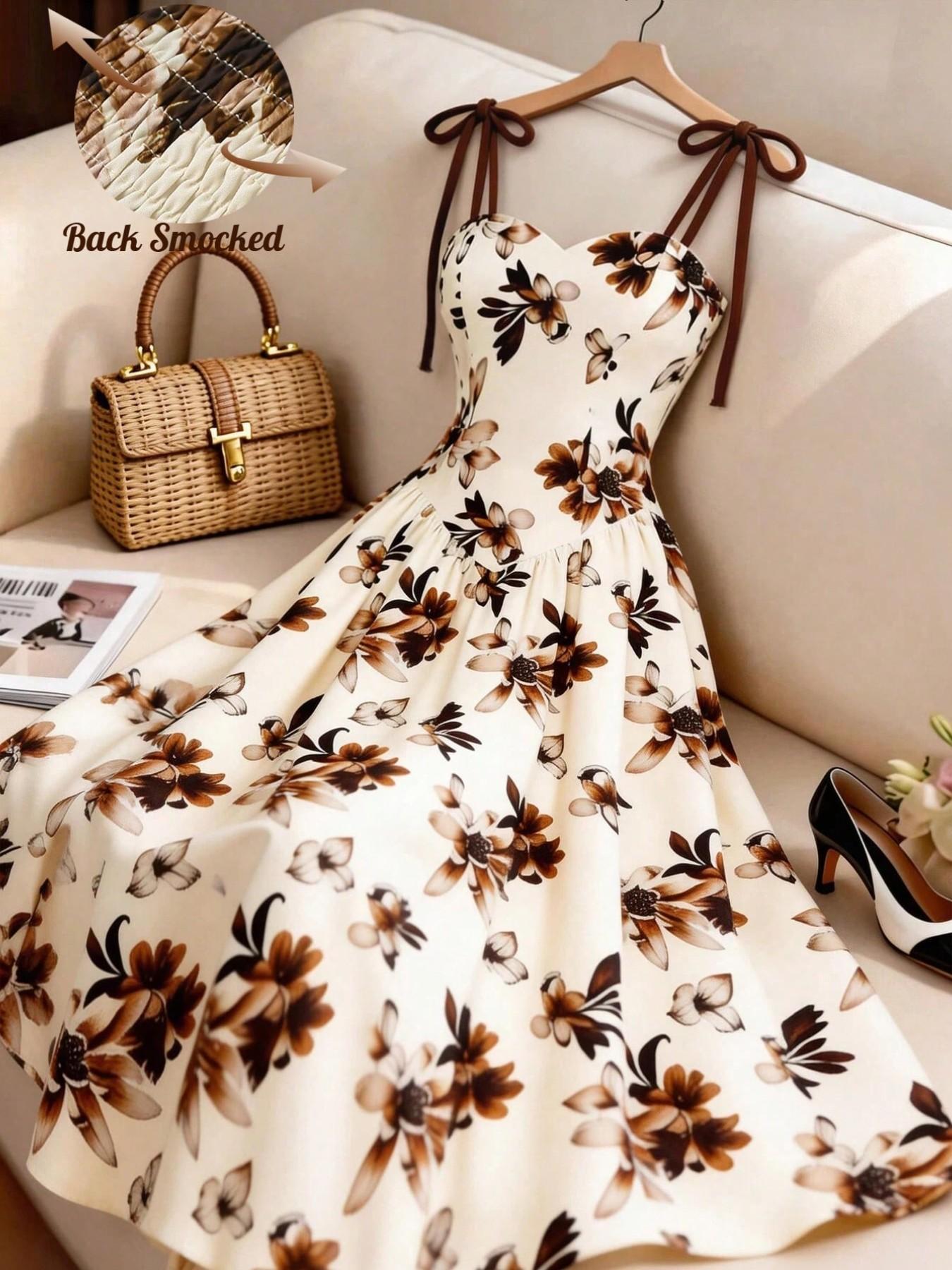 Women's Apricot Brown Floral Print Vintage Spaghetti Strap A-Line Dress, Evening Party Formal Dress, Summer Elegant Flowy French Bohemian Dress for Beach Music Festival Holiday