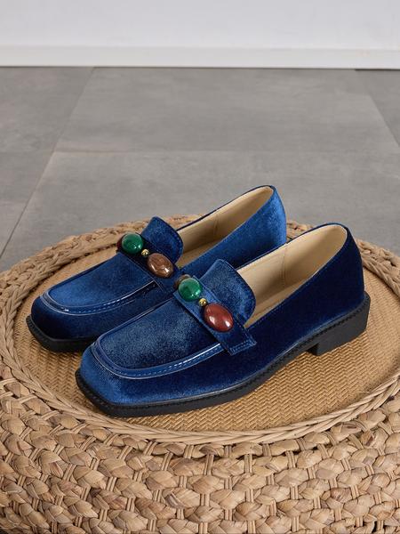 Women's Fashion Fall New Velvet Thick Sole Blue Square Toe Mid Heel Soft Bottom Outdoor Lightweight Breathable Slip-On Loafers
