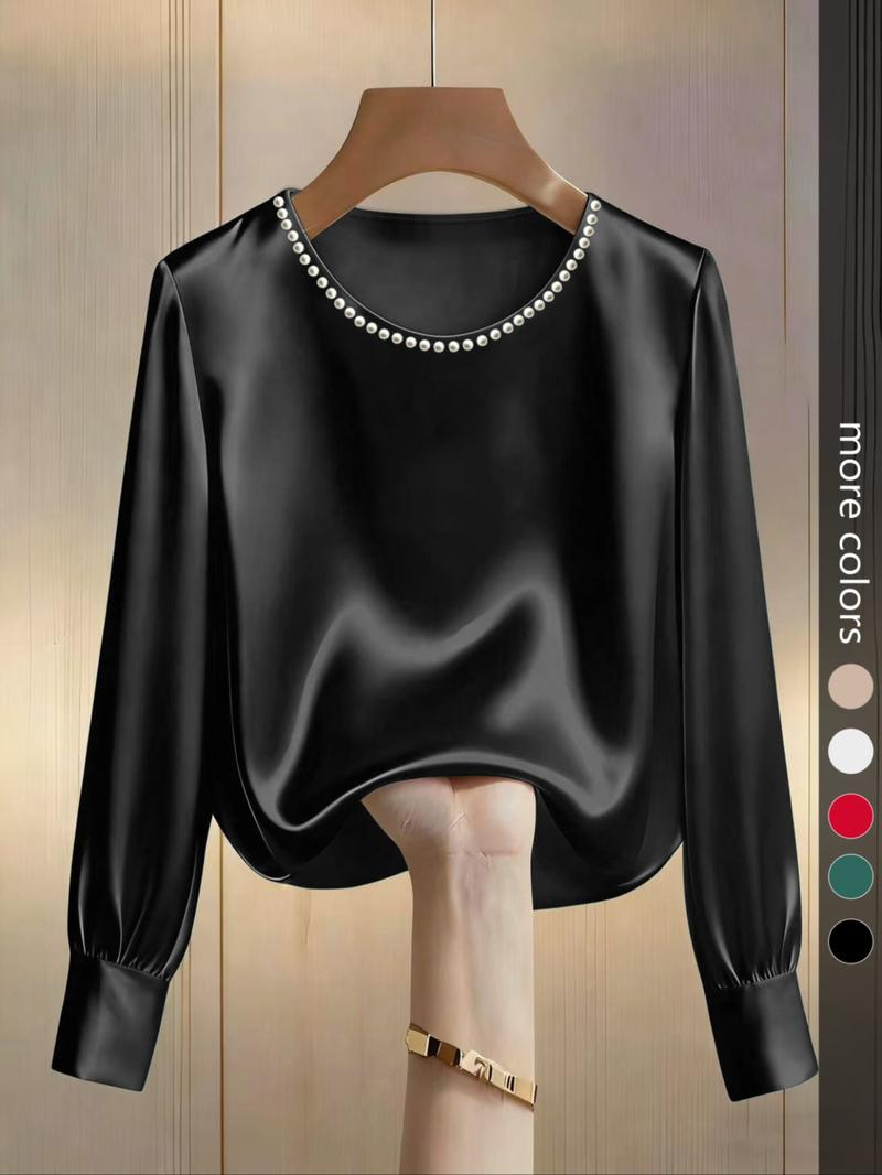 Women's Fashion Long Sleeve Top, Elegant Satin Round Neck Blouse, Suitable for Casual and Formal Office Commute