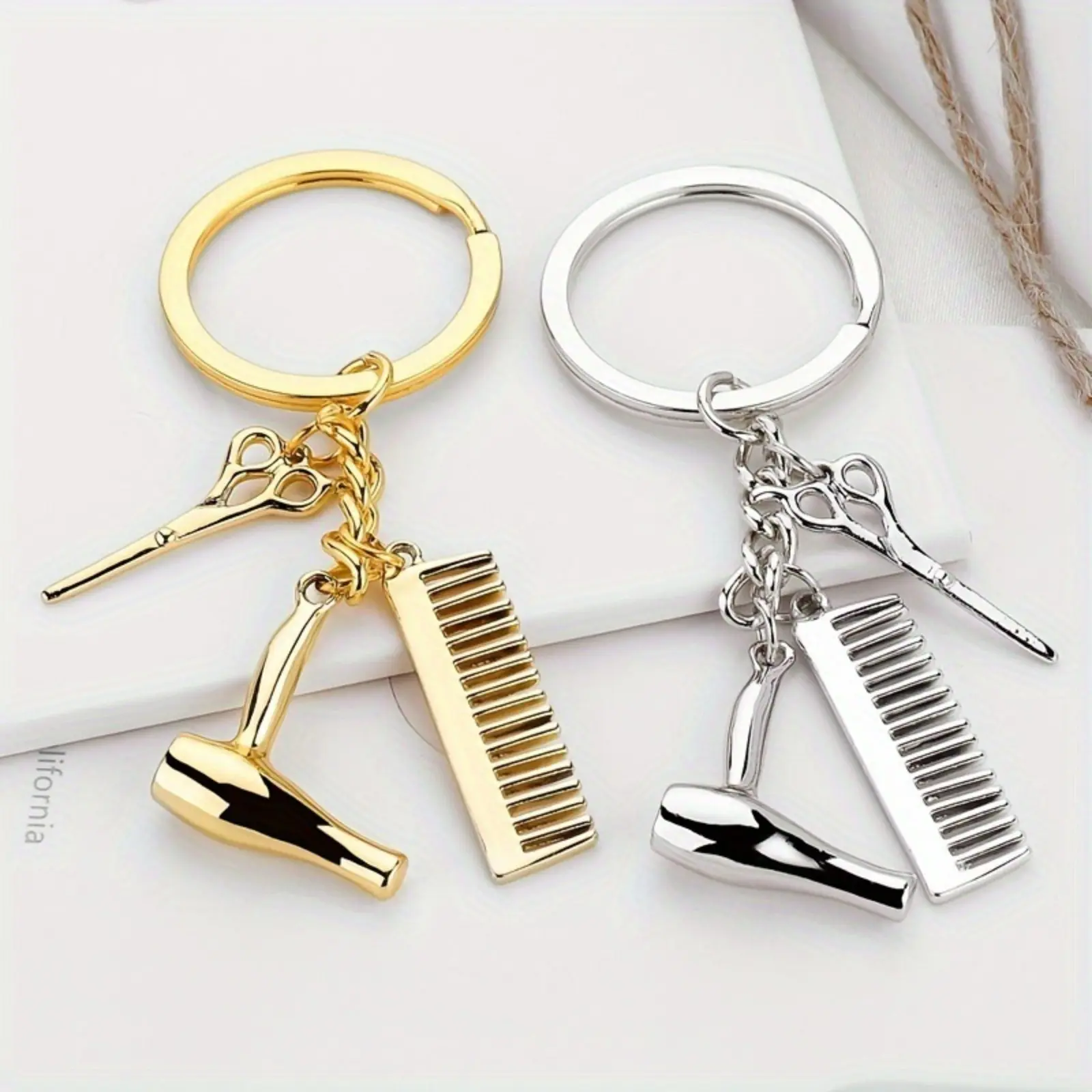 Hair Stylist Keychain Set 3D Mini Scissor Blow Dryer Comb Pendant Barber Keyring Salon Owner Graduation Thank You Gift Birthday Jewelry Accessories