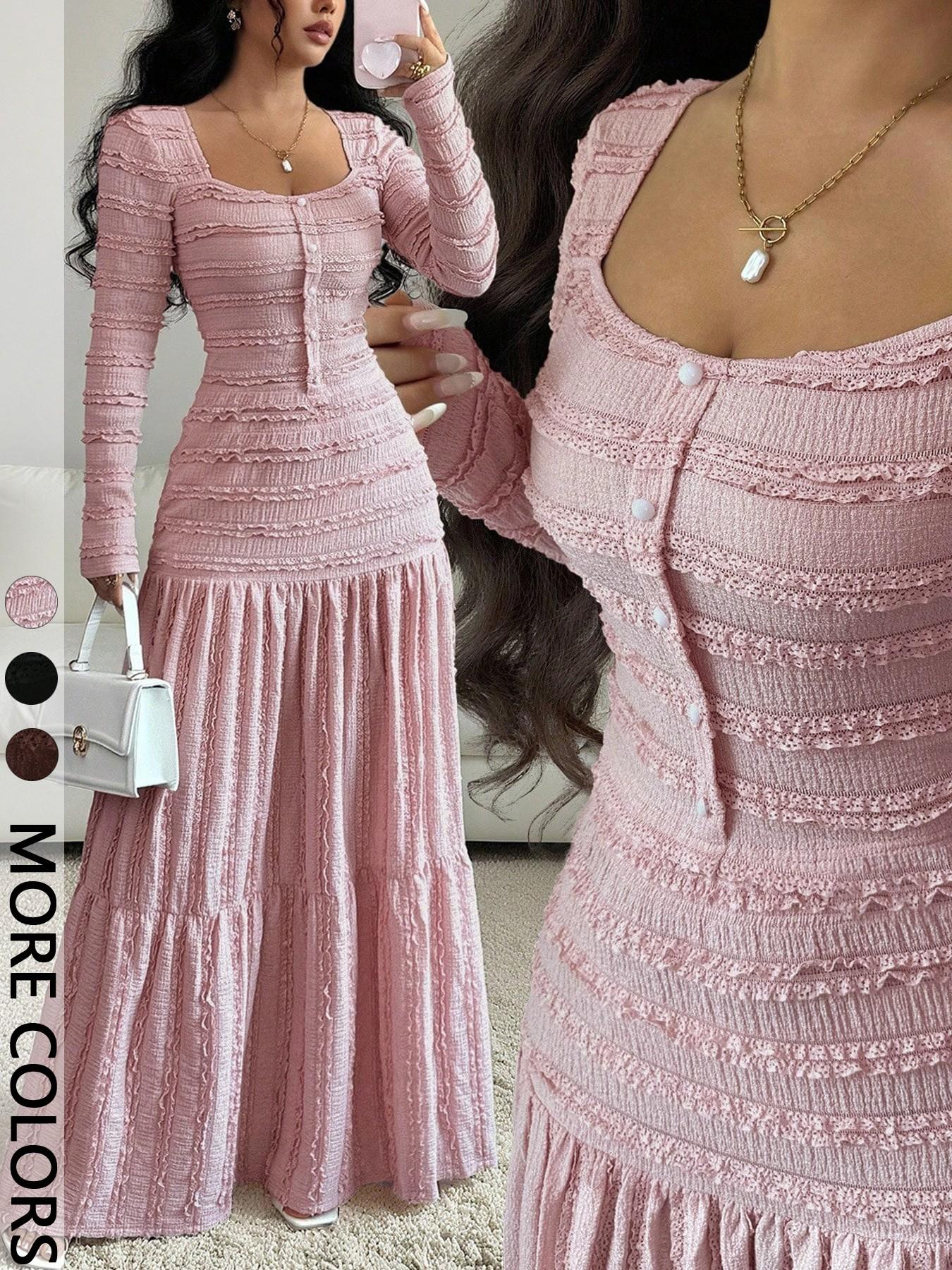 Women's Casual Elegant Party Sweet Cute Long Sleeve Square Neck Dress, Womenswear Stylish Ladies' Formal Evening Wear Elegant Gown, Perfect for Special Occasions Valentine's Day, Sweet And Cute