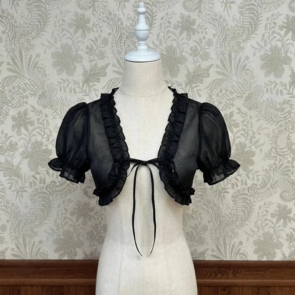 Sweet Chiffon Lolita Cardigan Blouse Ruffled Puff Sleeves Summer Shrug Shawl Crop Top Bubble Sleeves Y2K Blouse Summer Wear
