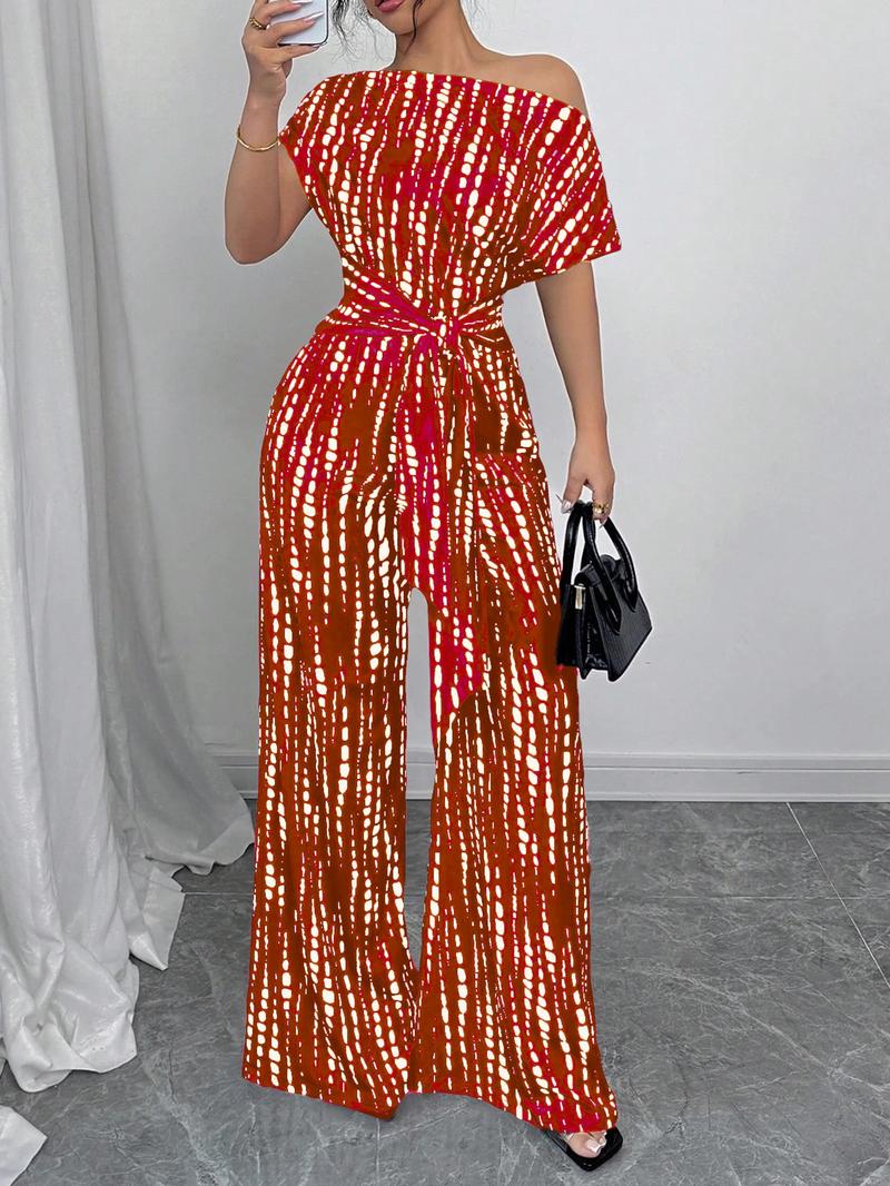 Women's All Over Print Tie Front   Jumpsuit, Casual Asymmetrical Neck   Jumpsuit for Spring & Fall, Women's Clothes for Daily Wear