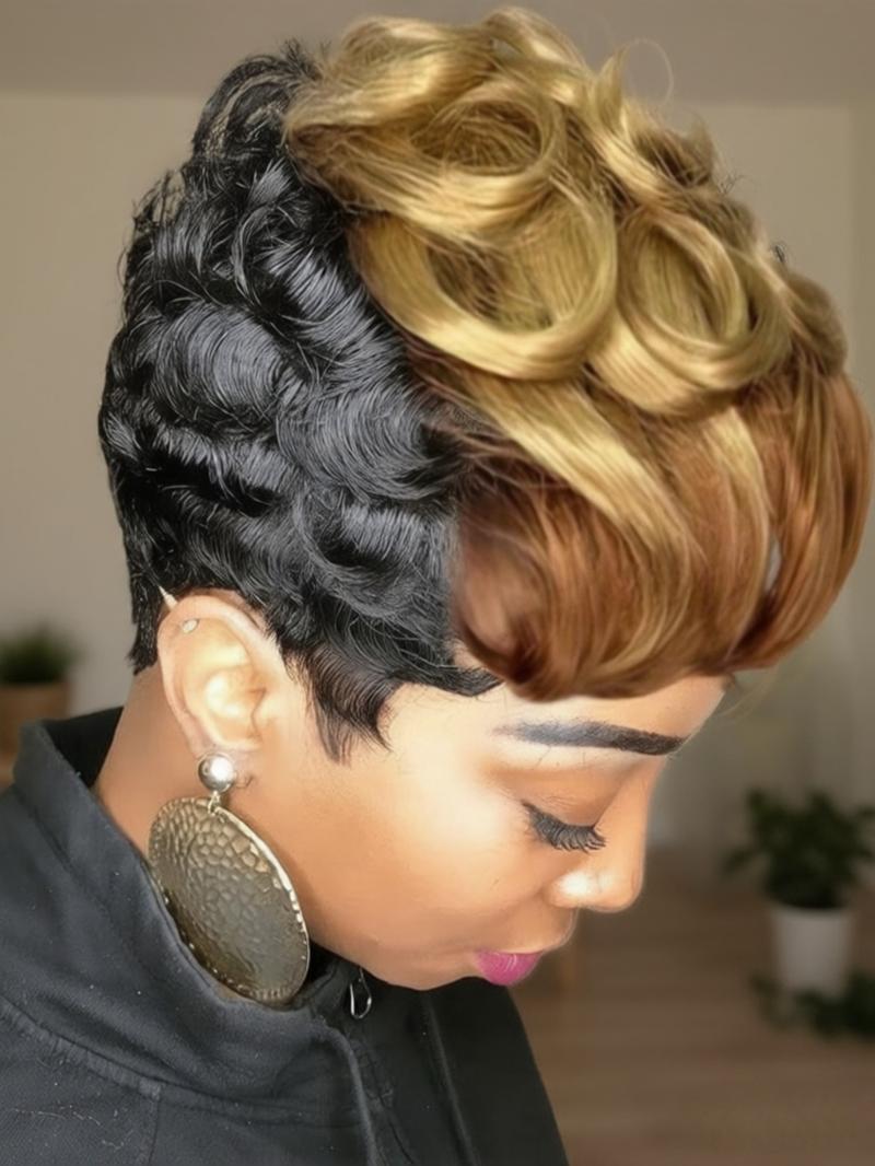 Short Pixie Wigs for Women, Wavy Synthetic Short Hair Wig with Bangs, Curly Pixie Wig for All Seasons, Glueless Bangs Wig