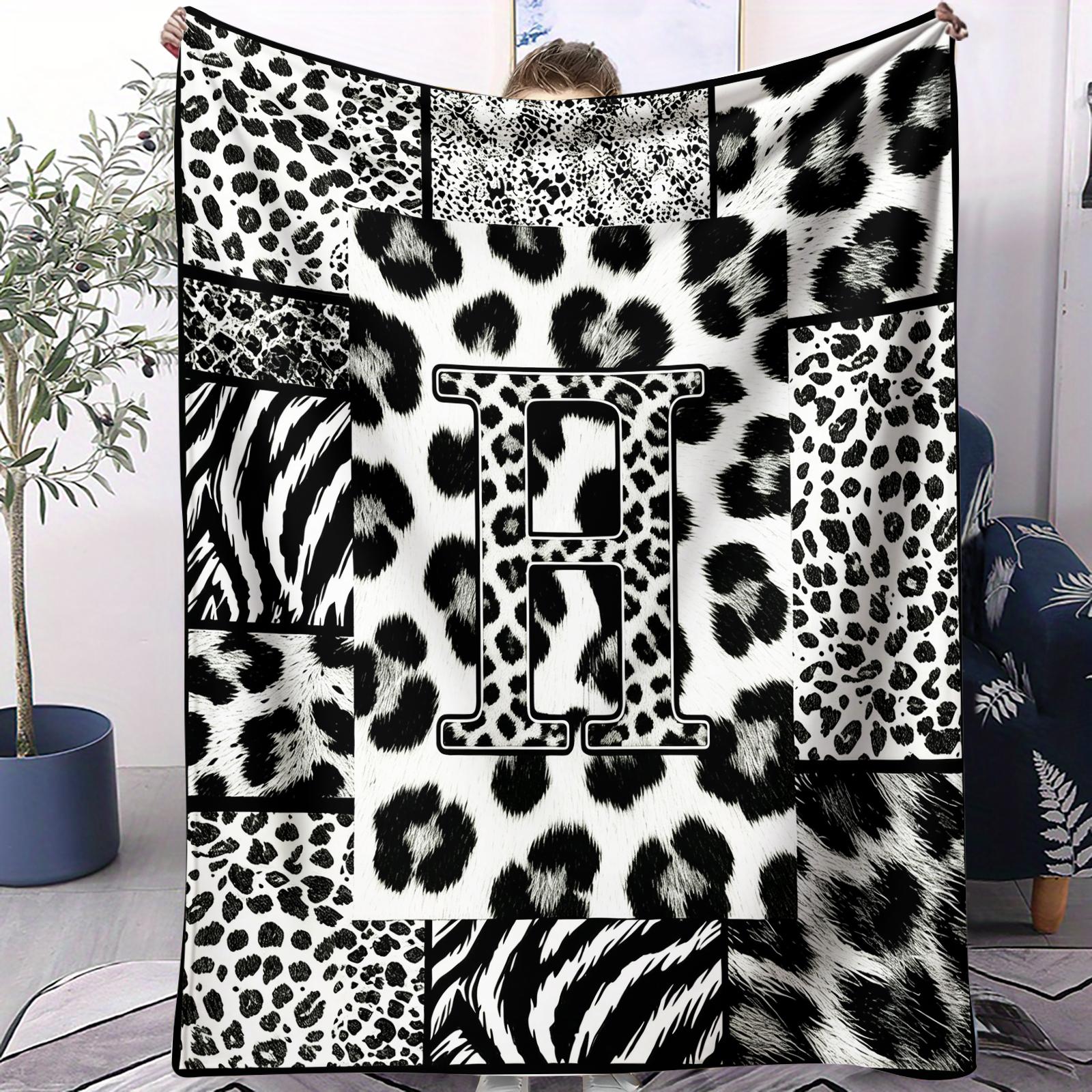 Custom Initial Animal Print Throw Blanket, Trendy Patchwork Visual Impact, Skin-friendly Breathable Lightweight, Perfect for Rental Bedroom Daily Use