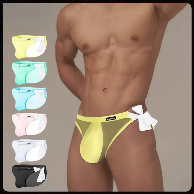 Men's Sheer Breathable Polyester Blend Erotic Underwear - Lace-Up Detachable Design, Low-Rise Triangle Briefs with Sexy Large U-Pouch, Machine Washable, Machine Wash