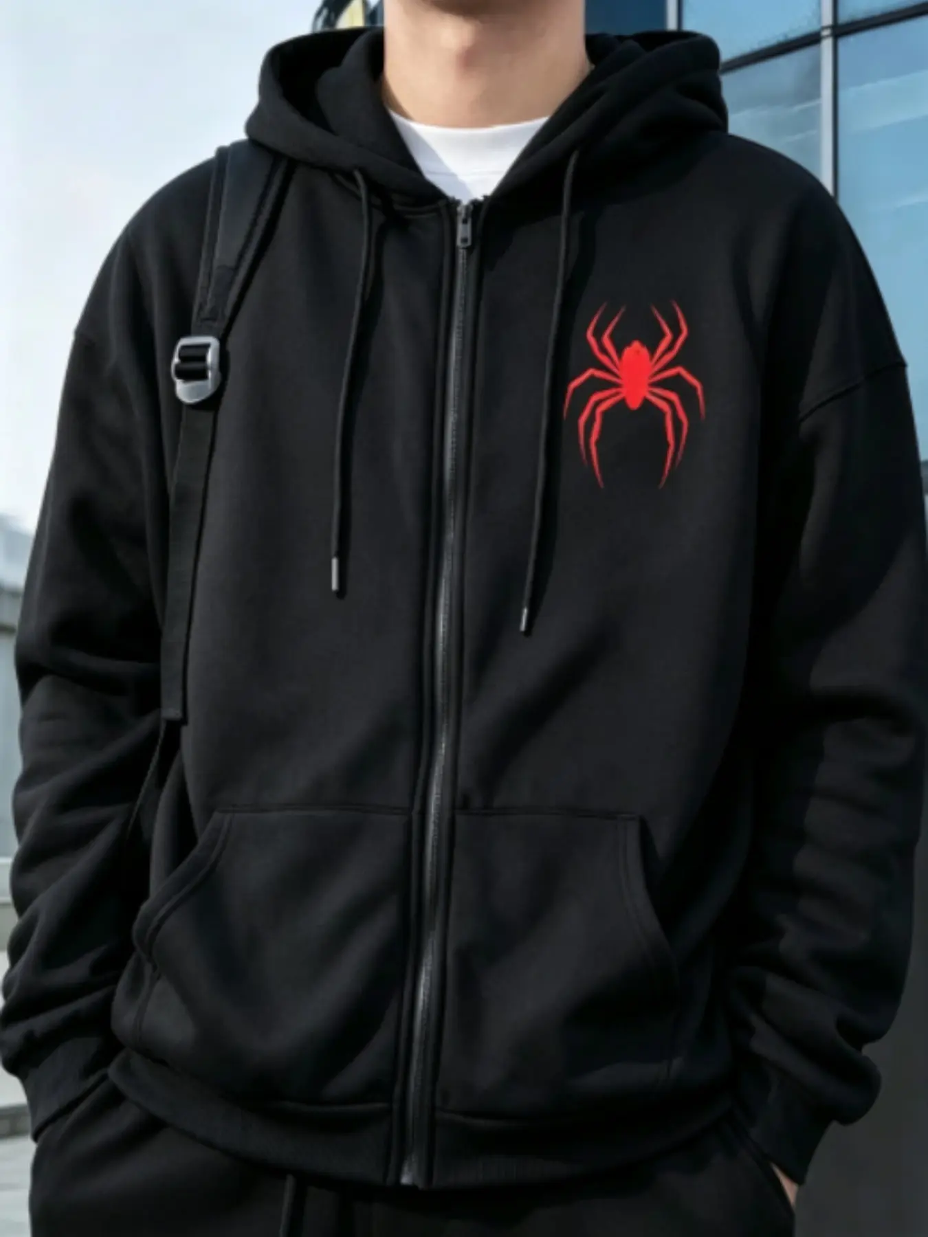 Autumn Winter Fleece Lined Spider Print Zipper Hoodie, Unisex Streetwear Jacket, Drawstring Hood, Large Pocket, Casual Sportswear