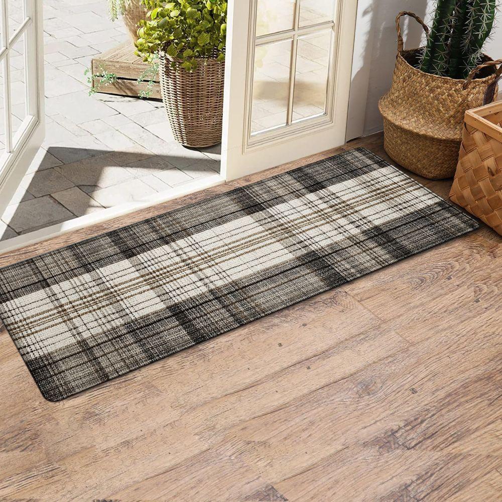 1PC， Spring Brown and White Plaid Fabric Patterned strip rugs, home décor, bathroom mats, entryway mats, bathroom non-slip mats, indoor entrance rugs, bedroom bedside mats, kitchen mats, hallway rugs, flannel sponge rugs, hallway runner rugs