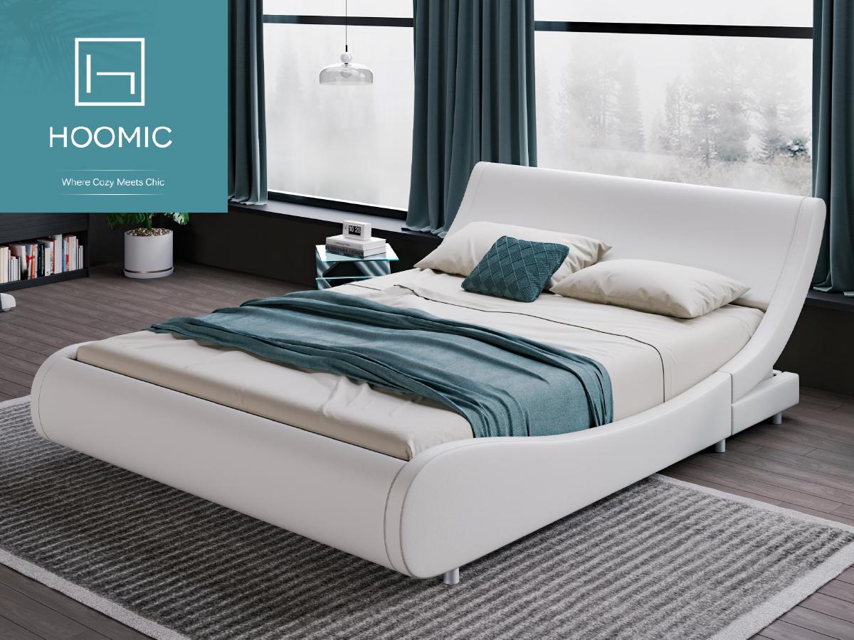 HOOMIC Upholstered Platform Bed Frame【Frame Only No Mattress】with Faux Leather Headboard, Modern Sleigh Design, Low Profile, No Box Spring Needed, Full/Queen/King Size,Black/White/Black & White