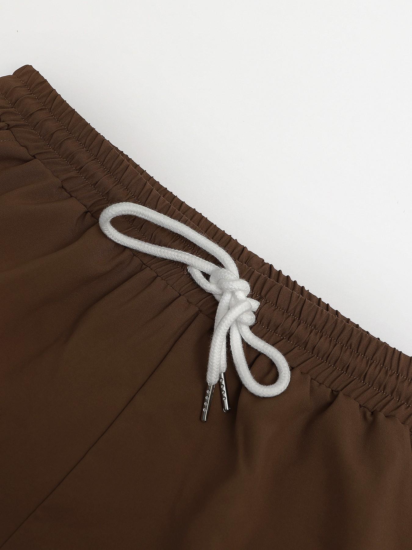 Men's Brown & White Abstract Art Print Home Loungewear 2-Piece Set - Short-Sleeve Lapel Shirt (Dynamic Brushstroke Pattern) + Drawstring Waist Solid Brown Shorts, Lightweight Breathable Fabric, Relaxed Slouchy Fit, Ideal for Lazy Weekend Lounging, At-Home