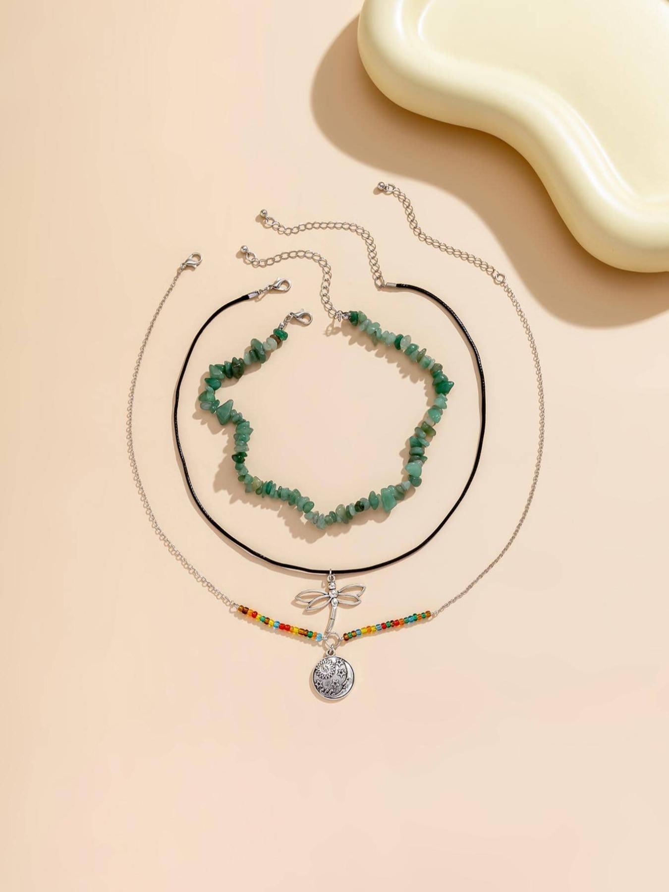 3pcs/set Women's Boho Style Dragonfly Pendant Necklace & Beaded Necklace, Vintage Retro Trendy Necklaces, Exquisite Jewelry without Box for Women
