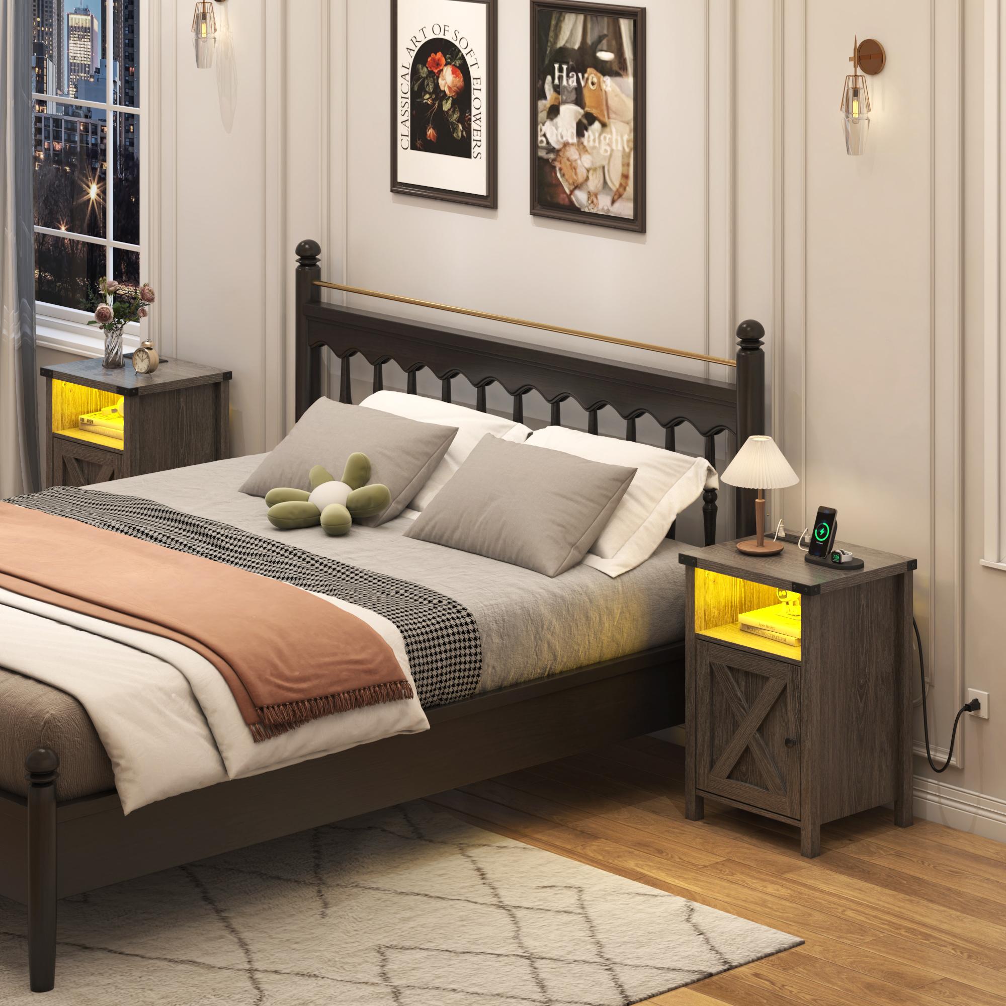 Farmhouse LED Nightstand Set of 2 with Charging Station, Rustic End Table with Barn Door & Storage Shelf, Bedside Table for Bedroom, Living Room, Grey/White/ Farmhouse LED Nightstand Set of 2 with Charging Station, Rustic End Table with Barn Door & Storage Shelf, Bedside Table for Bedroom, Living Room, Grey/White/