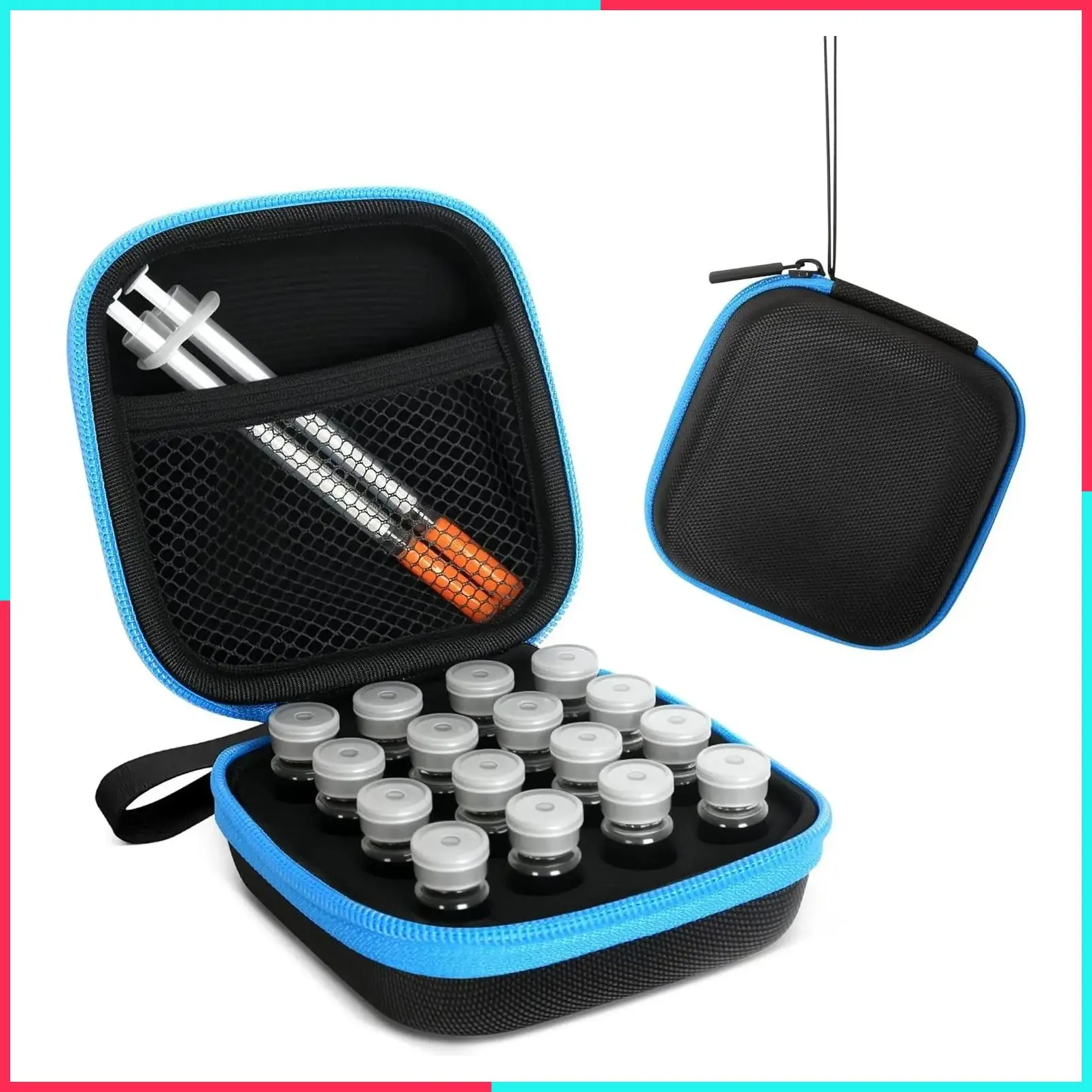 Custom-Cut Foam Insert Peptide Vial Organizer with 16 Slots to Stop Rattling - Compact Home Storage Box with Mesh Pocket, Zipper, Freezer Safe, Travel Safe for 1-3ml Vials