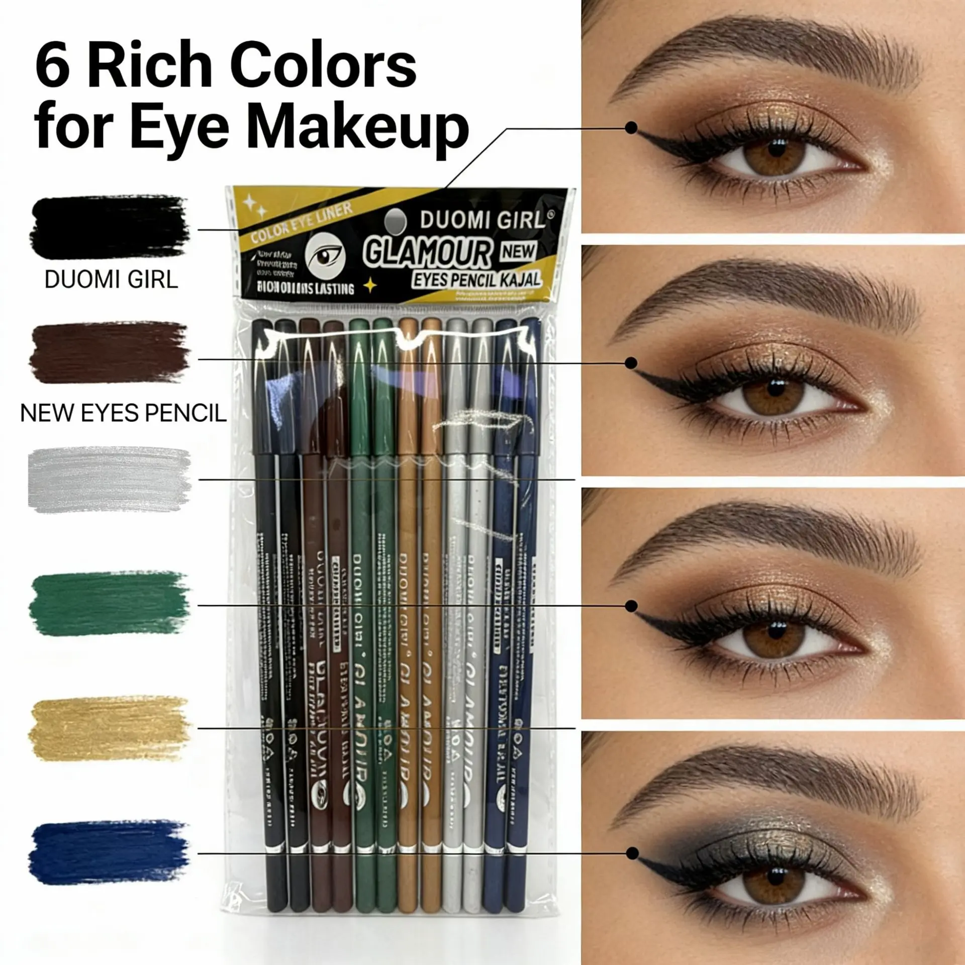 Wooden and Metallic Glitter Eyeliner Pen Set, 12-piece multi-color glitter eyeshadow and eyeliner pen set, waterproof and smudge-proof, long-lasting and smooth, perfect for parties and everyday makeup