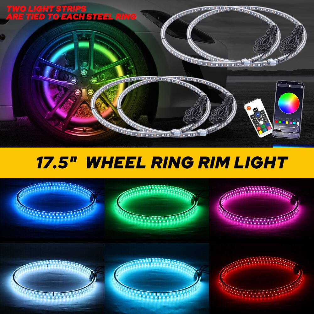 17.5" RGB & Chasing Flow Double Row LED Wheel Ring Rim Lights For Truck Car set