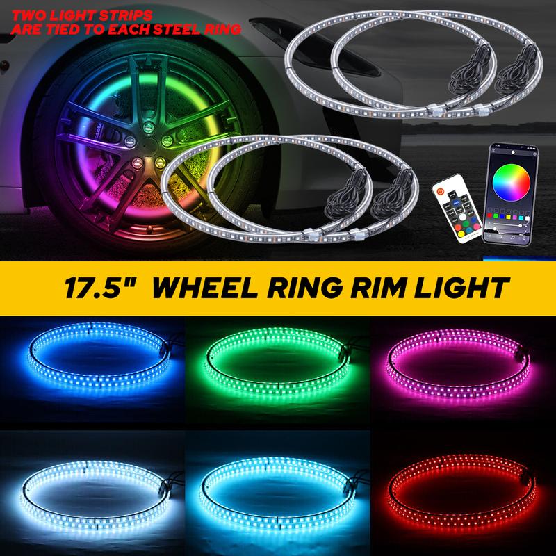 17.5" RGB & Chasing Flow Double Row LED Wheel Ring Rim Lights For Truck Car set