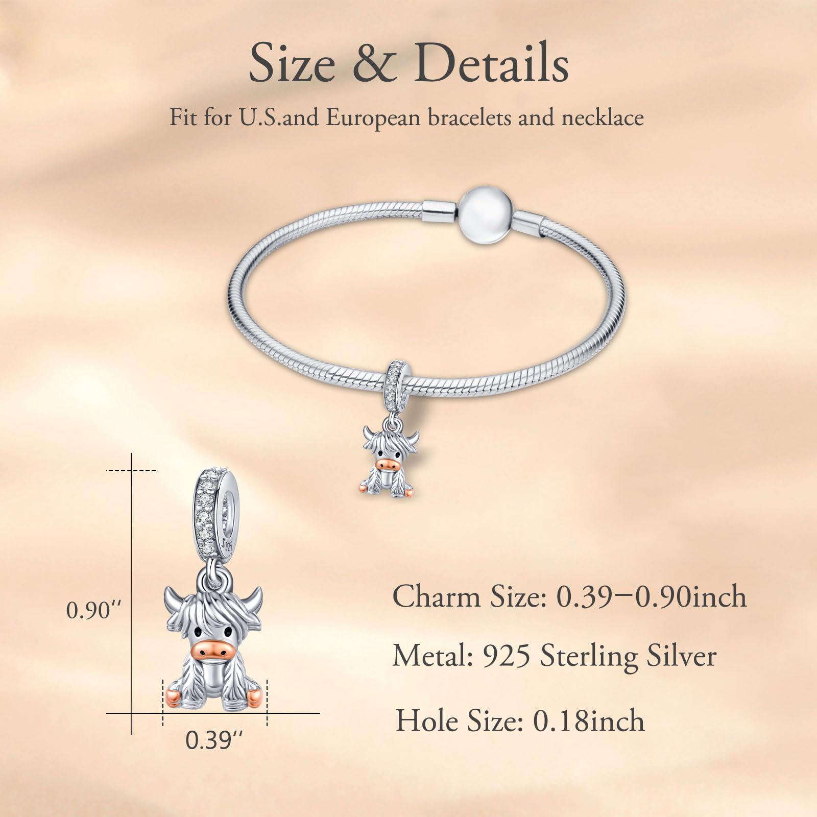 Thanches Highland Cow Charm S925 Sterling Silver Scottish Cut Animal Jewelry Cow Charm Bracelet Bead Gift for Women Mom Daily Decor Fluffy Pendant