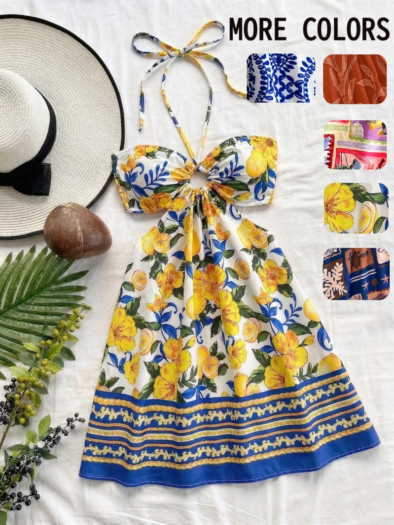 Women's Boho Vacation printed pattern Sexy Halter Drawstring Hollow Waist Dress, Suitable For Beach, Music Festival, Hippie, Party, Date, Afternoon Tea