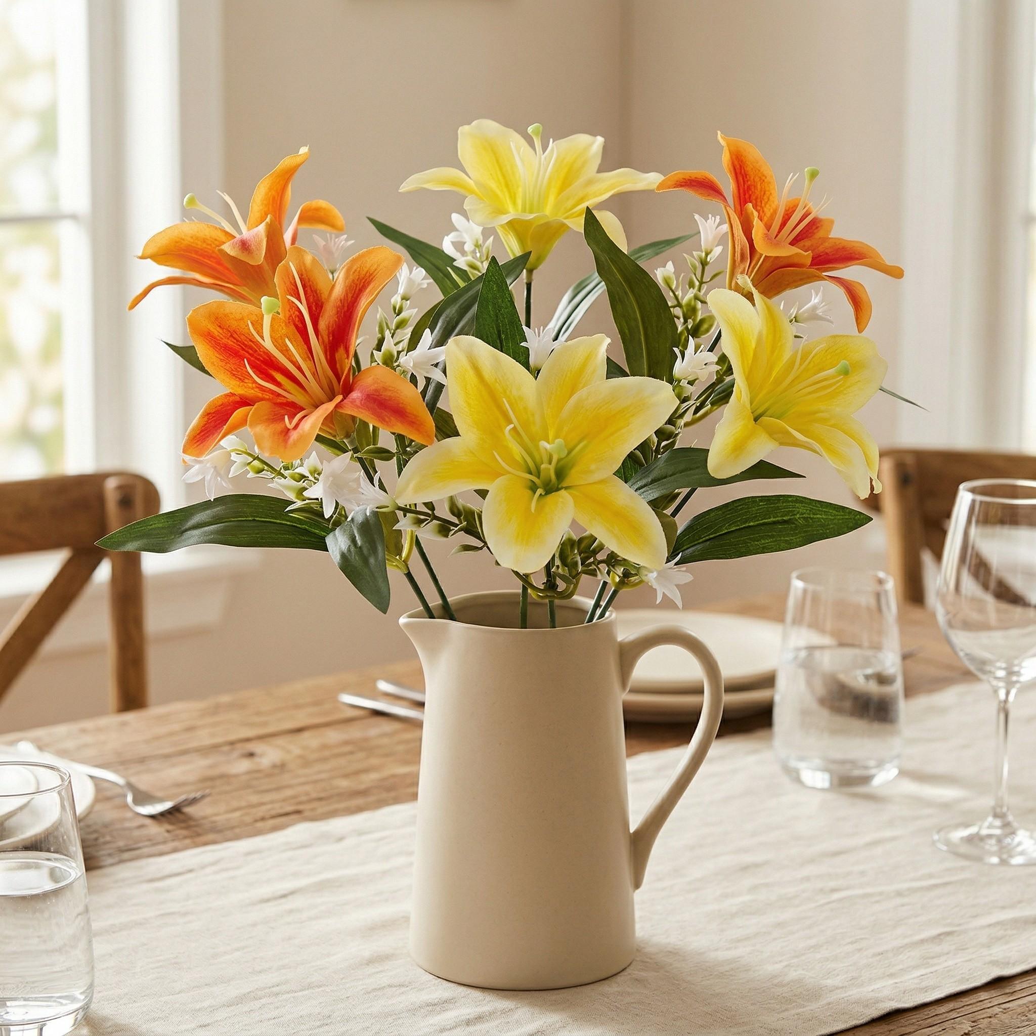 5-Piece Artificial Lily and Star Gazer Bouquet, Plastic Floral Arrangement, Decorative Handheld Flower Bundle, Realistic Fake Flowers