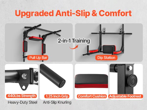 VEVOR Multifunctional Pull Up Bar, Wall Mounted Chin Up Bar Dip Station for Home Gym, Heavy Duty Steel Upper Body Workout Pull Ups, Power Tower Set Training Equipment Fitness, 440 lbs Weight Capacity