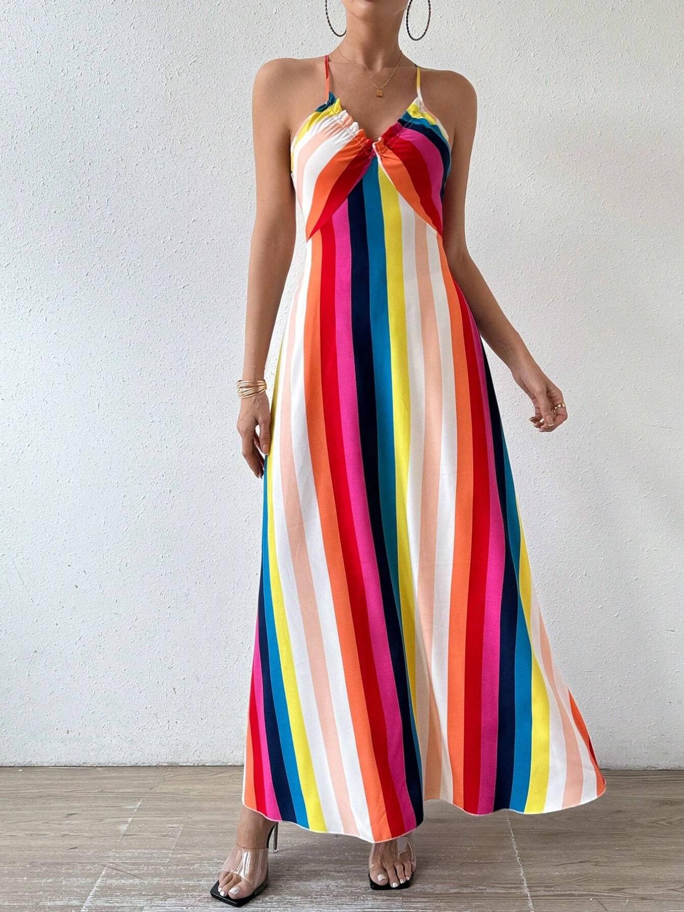 Women's Printed Split Long Sleeveless Dress, Classic Stripe Design, Backless Criss Cross Strap, Spring Summer Fall Wear, Casual Boho Elegant Bohemian Style Womenswear, Boho Summer Dresses Women's Printed Split Long Sleeveless Dress, Classic Stripe Design, Backless Criss Cross Strap, Spring Summer Fall Wear, Casual Boho Elegant Bohemian Style Womenswear, Boho Summer Dresses