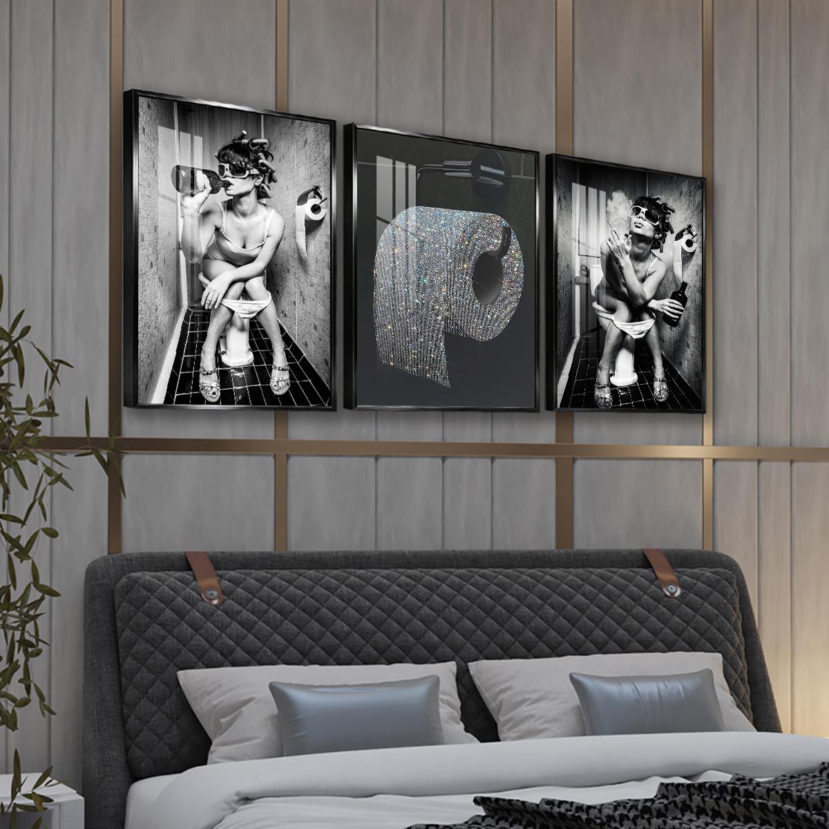 3 Counts Aluminum Alloy Framed Painting, Funny Woman Bathroom Drinking And Smoking Poster, Home Decoration For Living Room, Bedroom, Office, Restaurant, Hallway Wall Decor, Odorless Print Artwork, Luxury Perfect Gift For Friends And Family