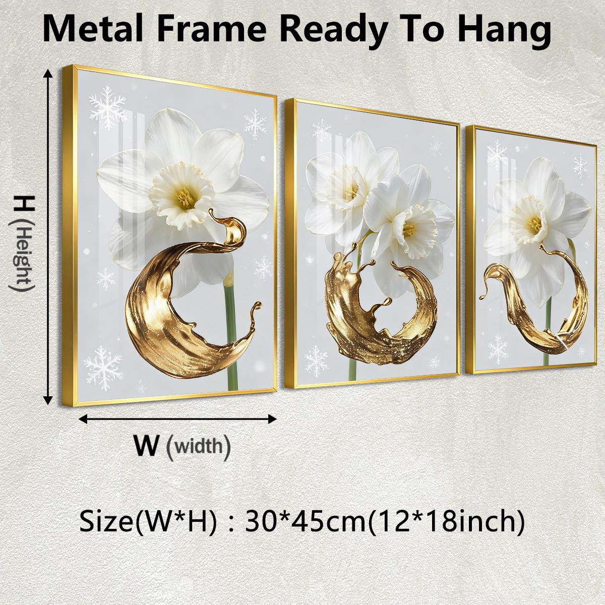 3 Counts Aluminum Alloy Framed Painting, White Daffodil Gold Splash Art Pictures, Home Decoration For Living Room, Bedroom, Office, Restaurant, Hallway Wall Decor, Odorless Print Artwork, Luxury Perfect Gift For Friends And Family