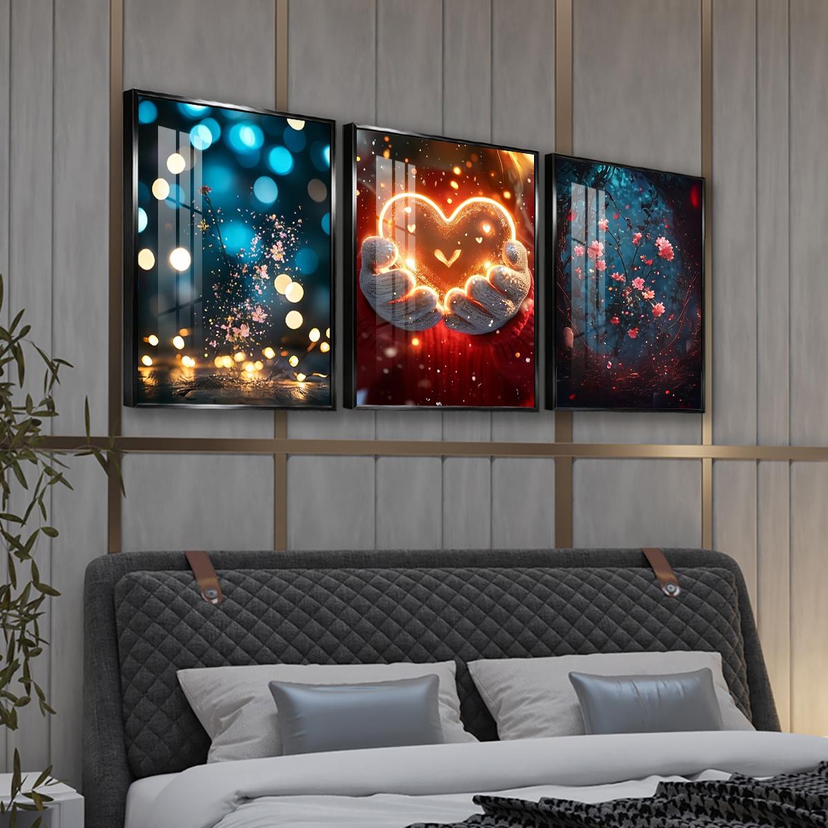 3 Counts Aluminum Alloy Framed Painting, Glowing Heart And Blooming Flowers Pictures, Home Decoration For Living Room, Bedroom, Office, Restaurant, Hallway Wall Decor, Odorless Print Artwork, Luxury Perfect Gift For Friends And Family