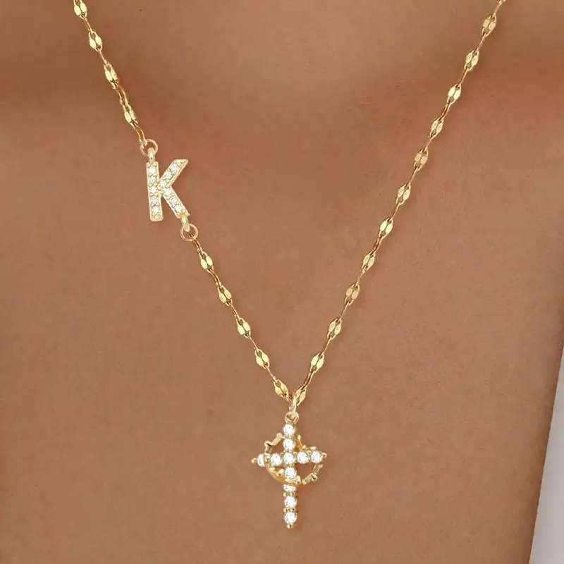 Women's Gold-tone CZ Letter Q Cross Pendant Necklace, Sparkling Cubic Zirconia Letter Initial Cross Necklace Fashion Daily Jewelry Gift for Her