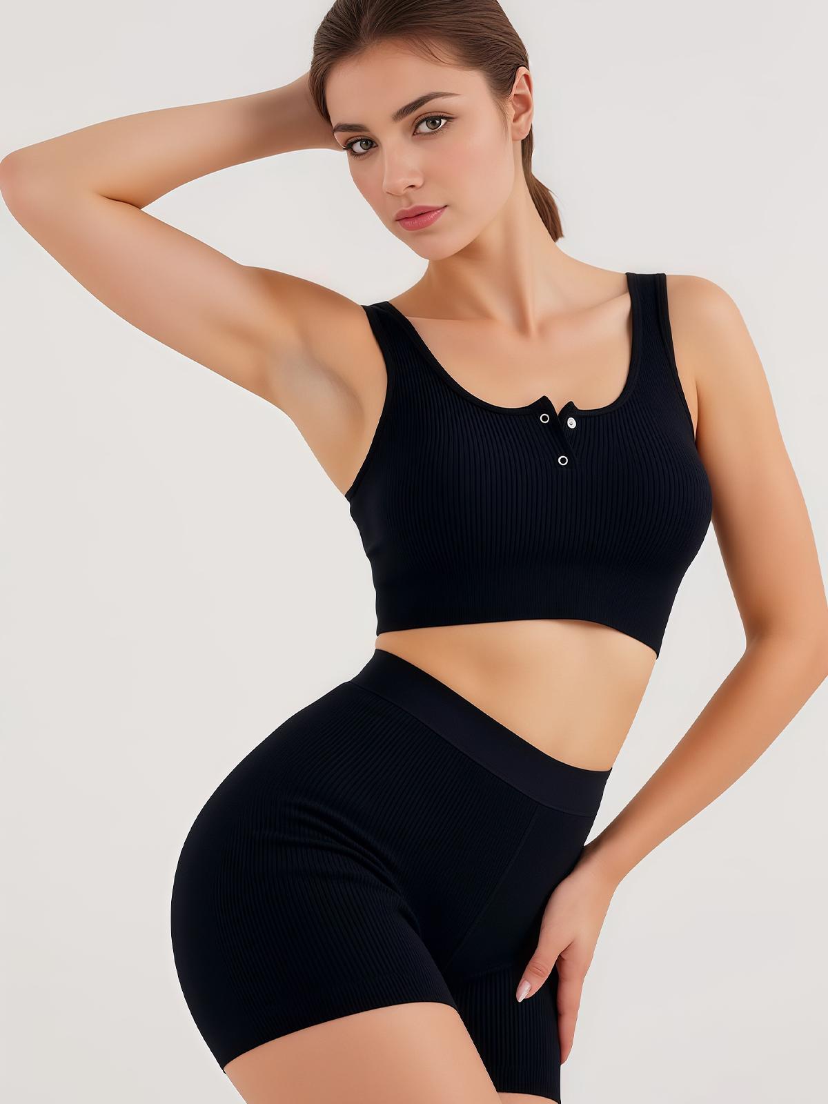 SUOVADUN WX005 Women's Seamless Button Front Closure Sports Bra Medium Impact Push Up Wirefree Yoga Bras Workout Gym Top Compression Padded Supportive Removable Cup Moisture Wicking Quick-Drying High Elasticity