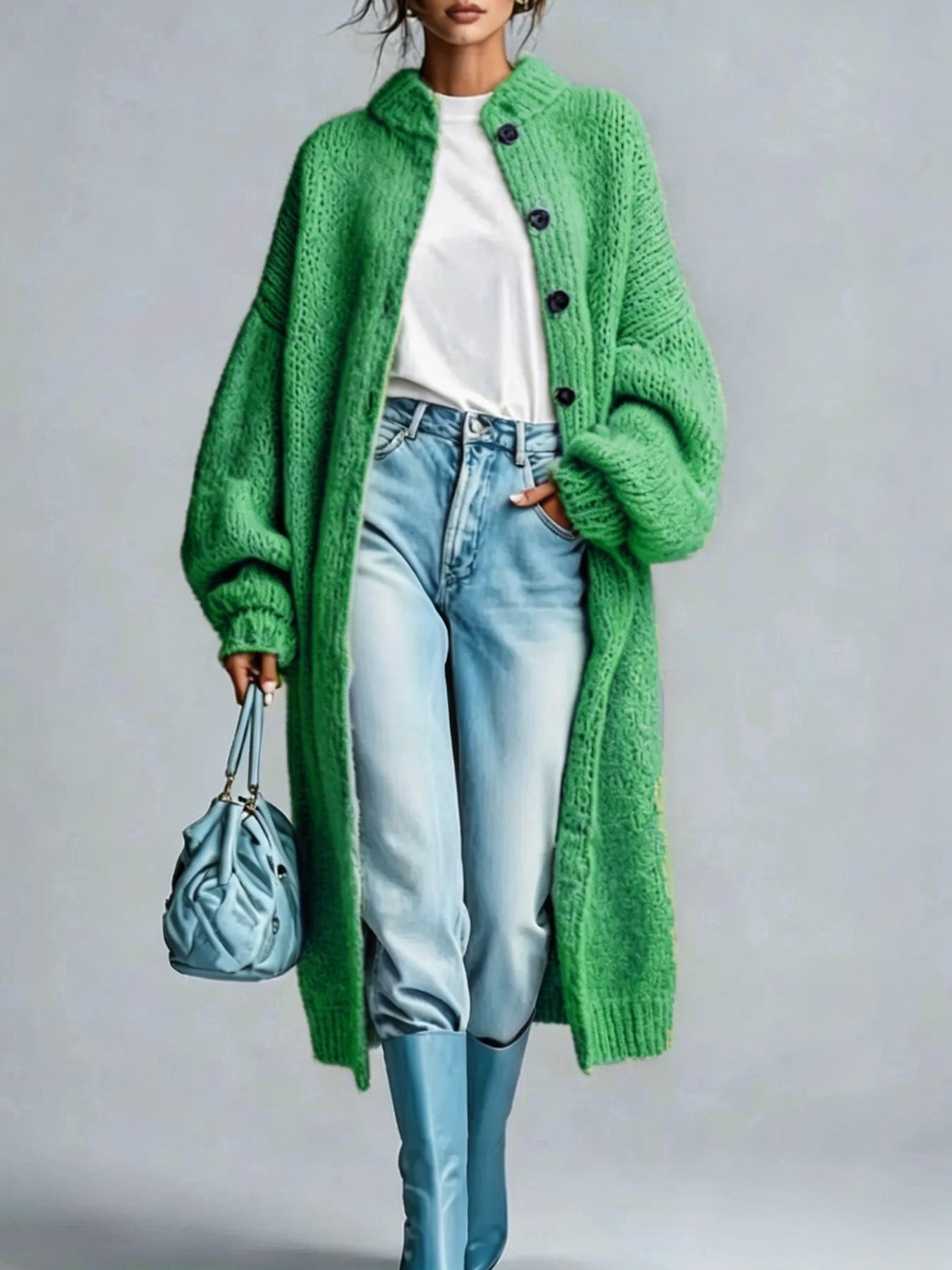 Women's Solid Color Casual Long Knit Cardigan, Button Stand Collar Long Sleeve Fall & Winter Loose Oversize Sweater Coat, Comfortable Outerwear