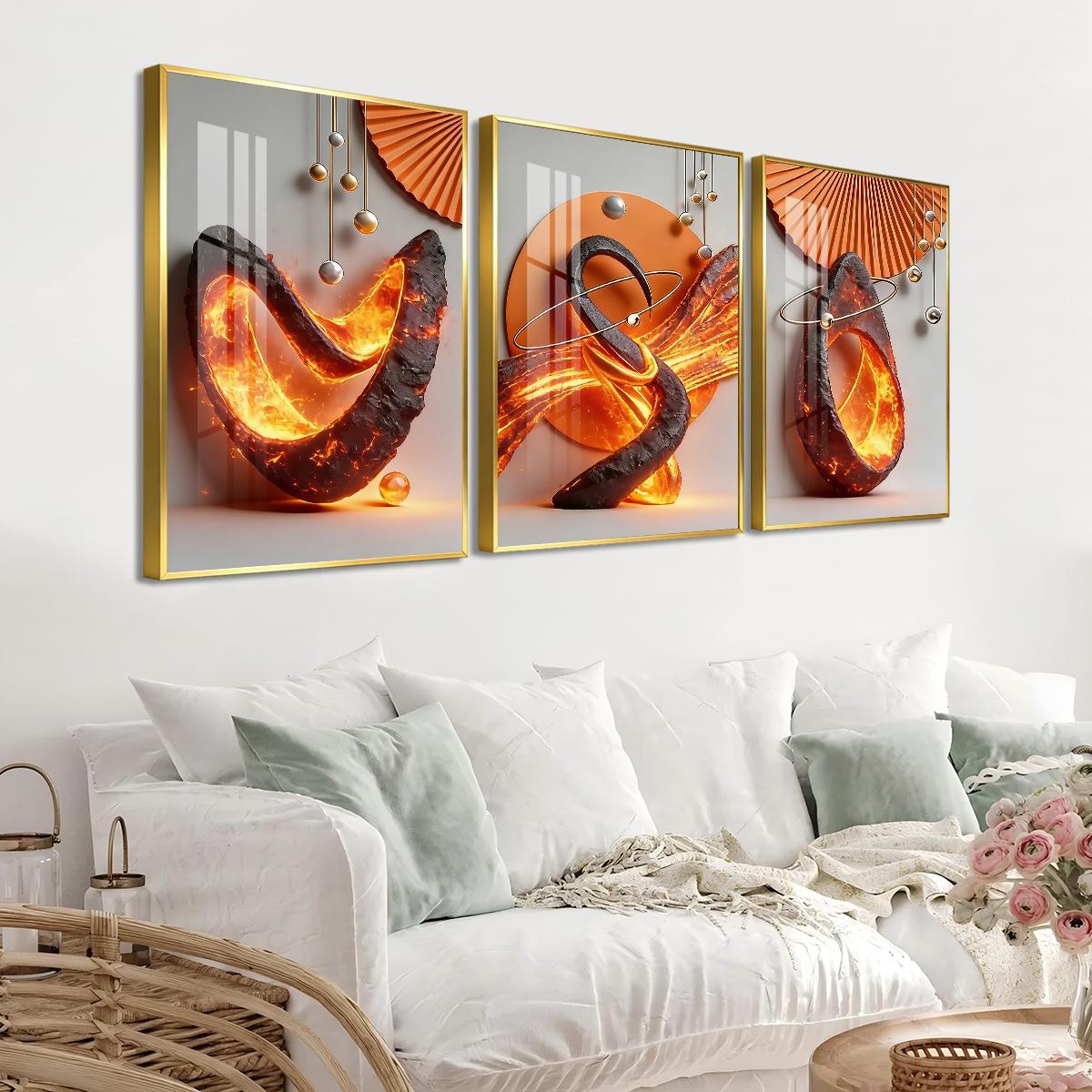 3 Counts Aluminum Alloy Framed Painting, Abstract Lava Flame Sculpture Pictures, Home Decoration For Living Room, Bedroom, Office, Restaurant, Hallway Wall Decor, Odorless Print Artwork, Luxury Perfect Gift For Friends And Family