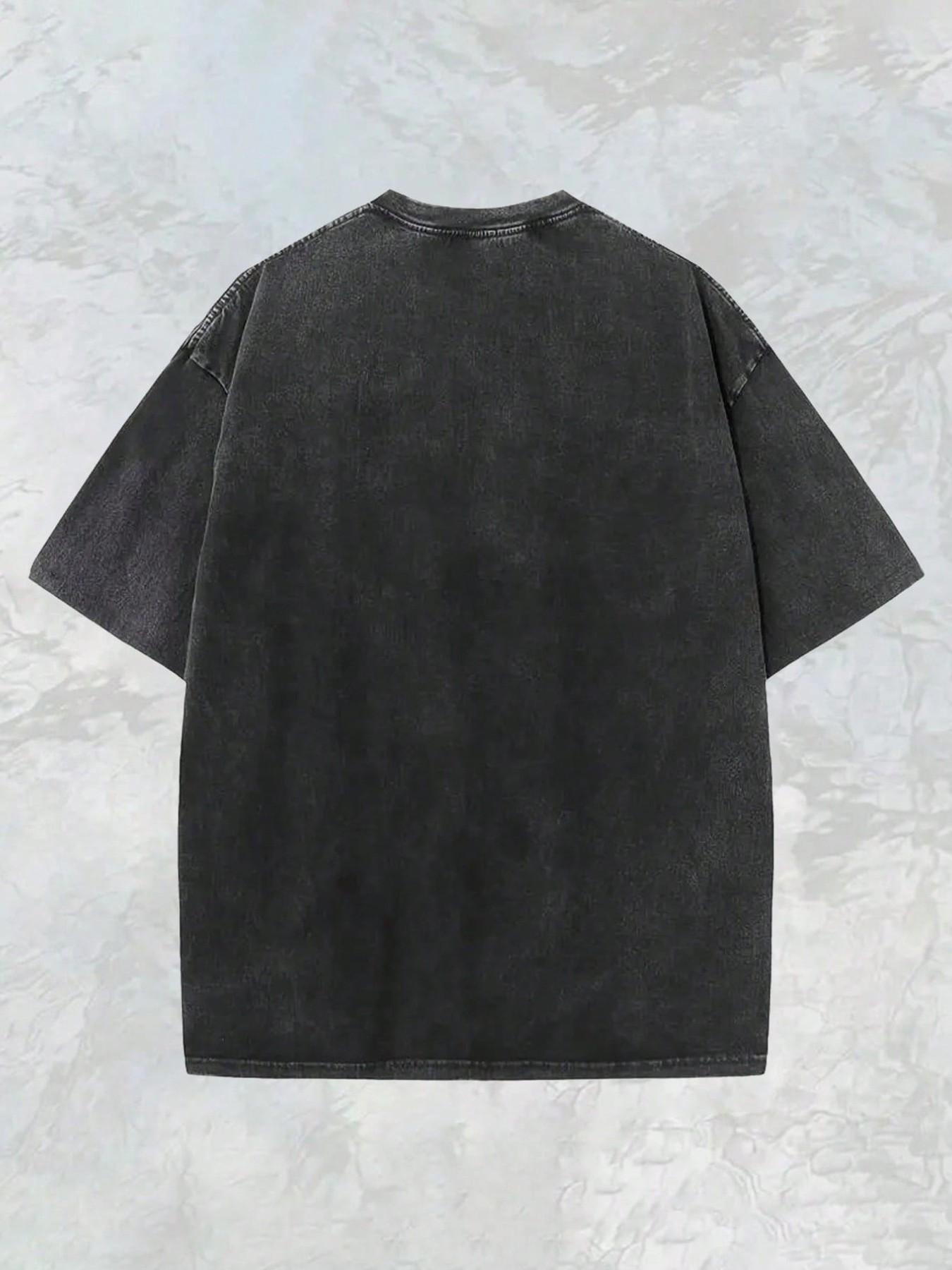 Vintage Washed Loose Mothman Print T-Shirt, Distressed Mystery Legend Pattern Short Sleeve, Horror Style Streetwear