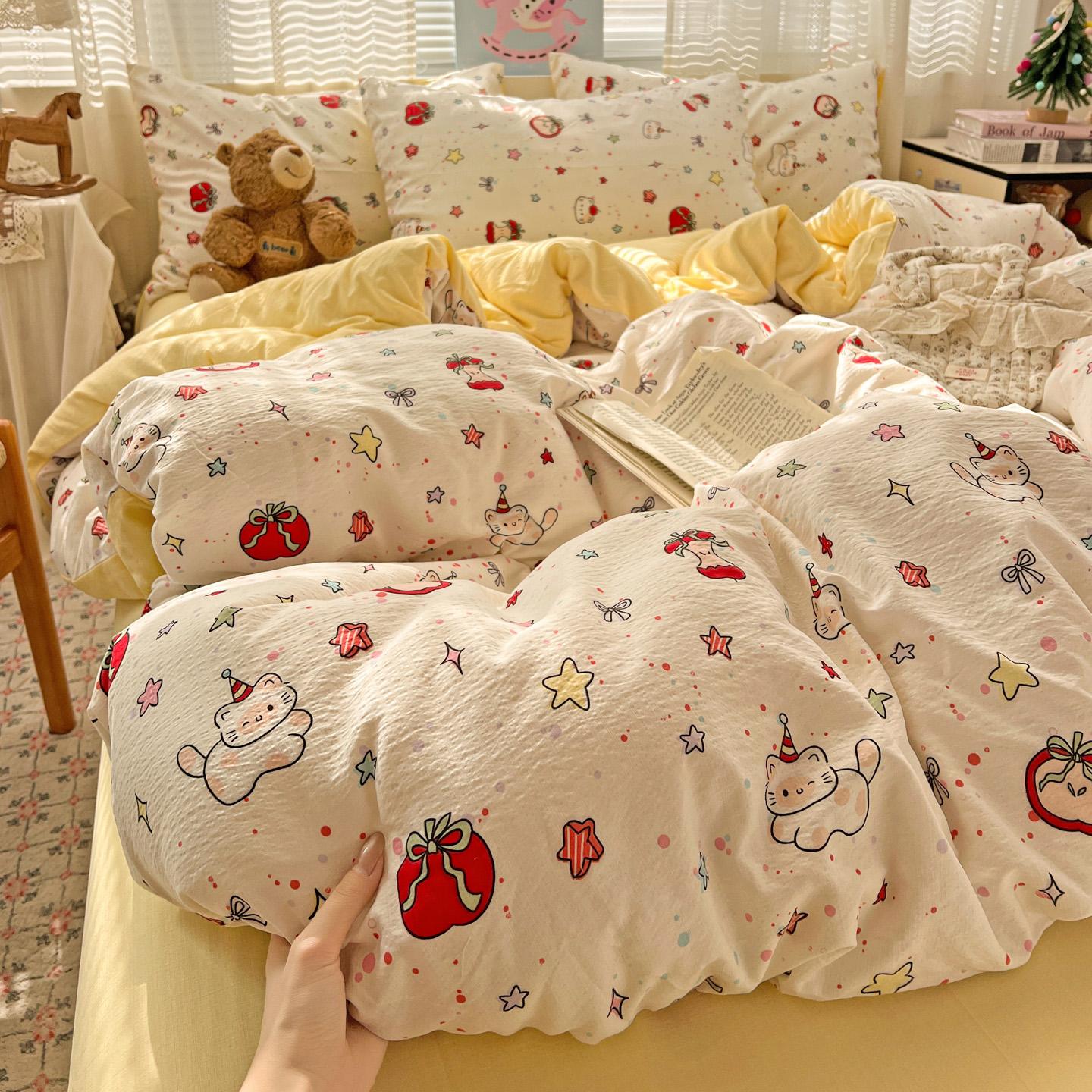 4pcs Double Layer Soft Bedding Set, Cartoon Sheet Set, Single Person Three-Piece, Suitable for Bedroom, Guest Room, Dormitory