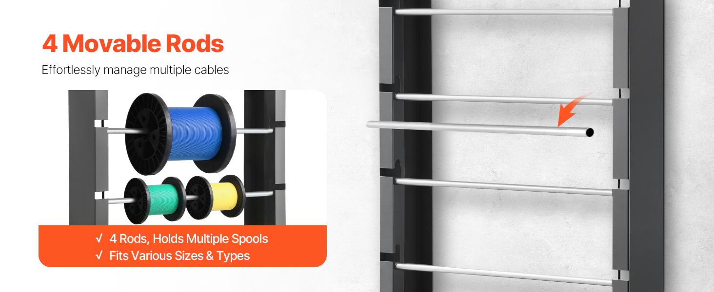 VEVOR Wire Spool Rack, 4 Adjustable Rods, Cold-Rolled Steel Wire Spool Holder Wall Mounted for Multi-Spools, Wiring Storage, 150 lbs Capacity Cable Dispenser, for Electrical Industrial Retail Use