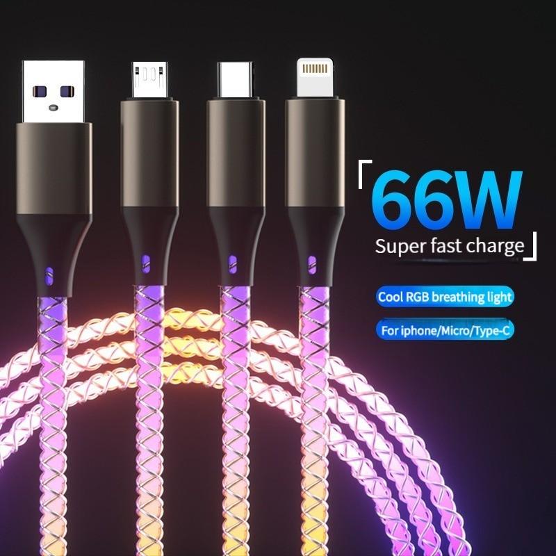 RGB Flow Data Cable 66w Fast Charging, 3-In-1 Car Charger with Ambient Breathing Light, Universal Vehicle USB-C Cable
