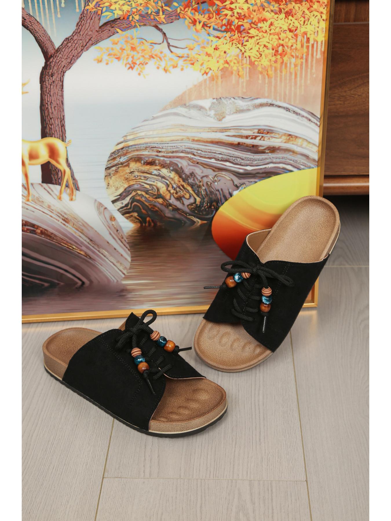 Women's Multi-Color Suede Cork Footbed Slides, Beaded Lace-Up Open Toe Mule Sandals, 2 Colors Available