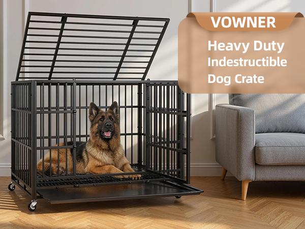 42” Heavy Duty Indestructible Dog Crate, High Anxiety Dog Crate, Escape Proof Dog Cage Kennel with 4 Lockable Wheels, Double Sturdy Locks, Double Door and Removable Tray Design, for Large Dogs