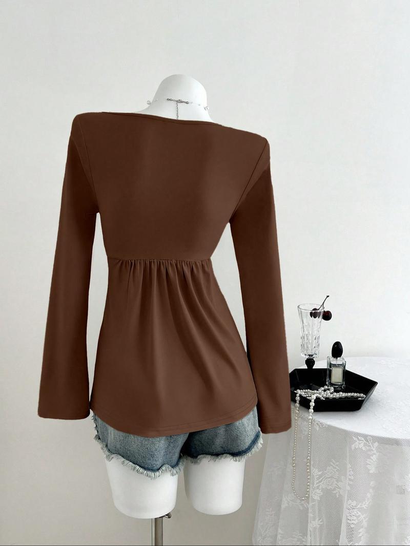 26 Valentine's Day Autumn/Winter Shot Pure Desire Style Casual Fashion Apricot Square Neck Chest Wrinkled Doll Shirt Long Sleeve Women's T-shirt