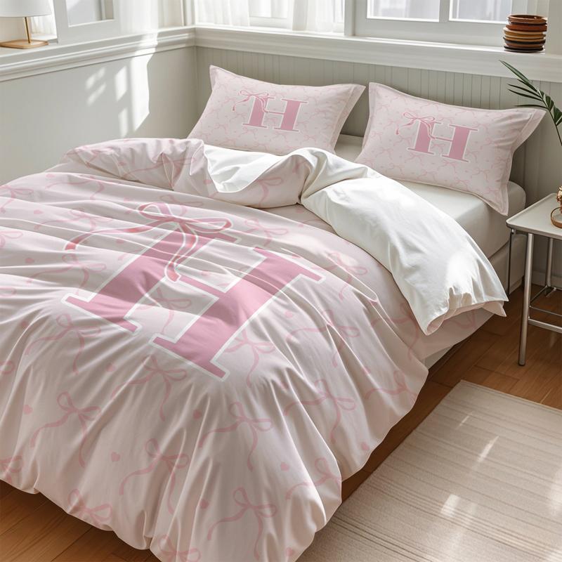 Pink Bow Print Bedding Set, Fashion A-Z Letter Print Design, Includes 1 Duvet Cover and 1/2 Pillowcase, No filling/Zipper Closure, Perfect Creative Bedroom Decoration Kit for Girls, Full Size, Bedsheet Sets