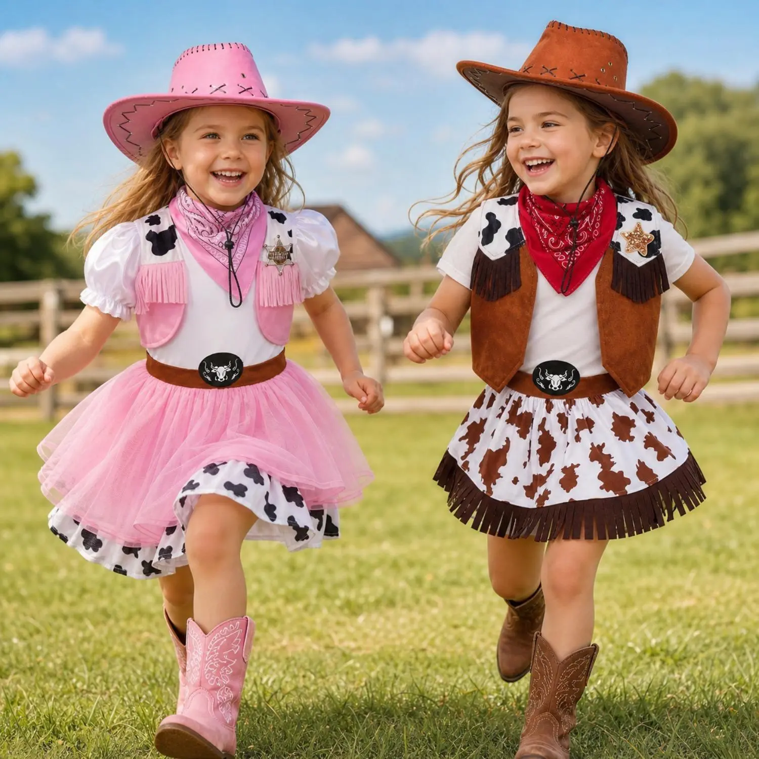 Girls' Western Cowgirl Costume, Poly-cotton Dress with Cow Print & Gingham Short Skirt, 3-Piece Set with Hat for a Complete Cowgirl Look, All Seasons, Multi-size