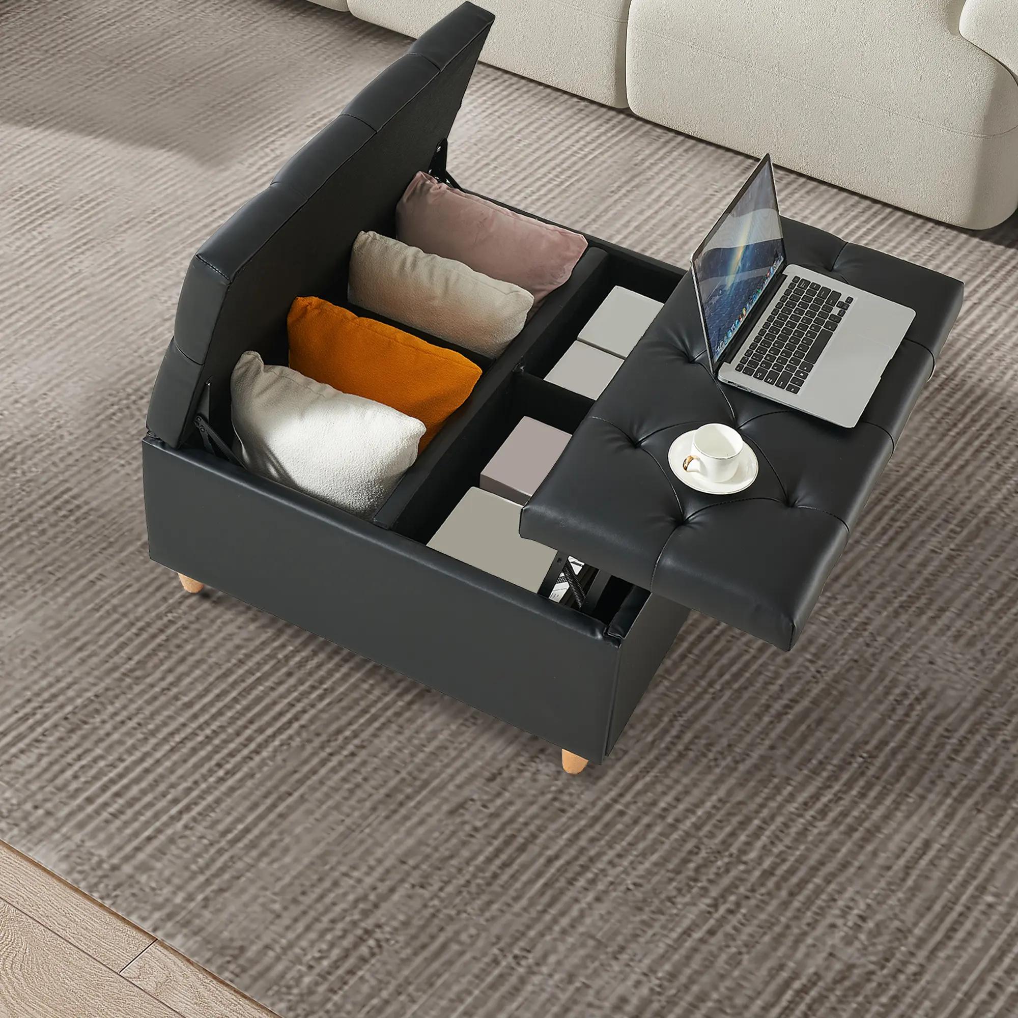Large Square Ottoman, 35 Inch Oversized Sherpa Fabric Upholstered Square Storage Ottoman Bench with Lift Top, Tufted Ottoman Coffee Table for Living Room, Bedroom, Entryway, Beige